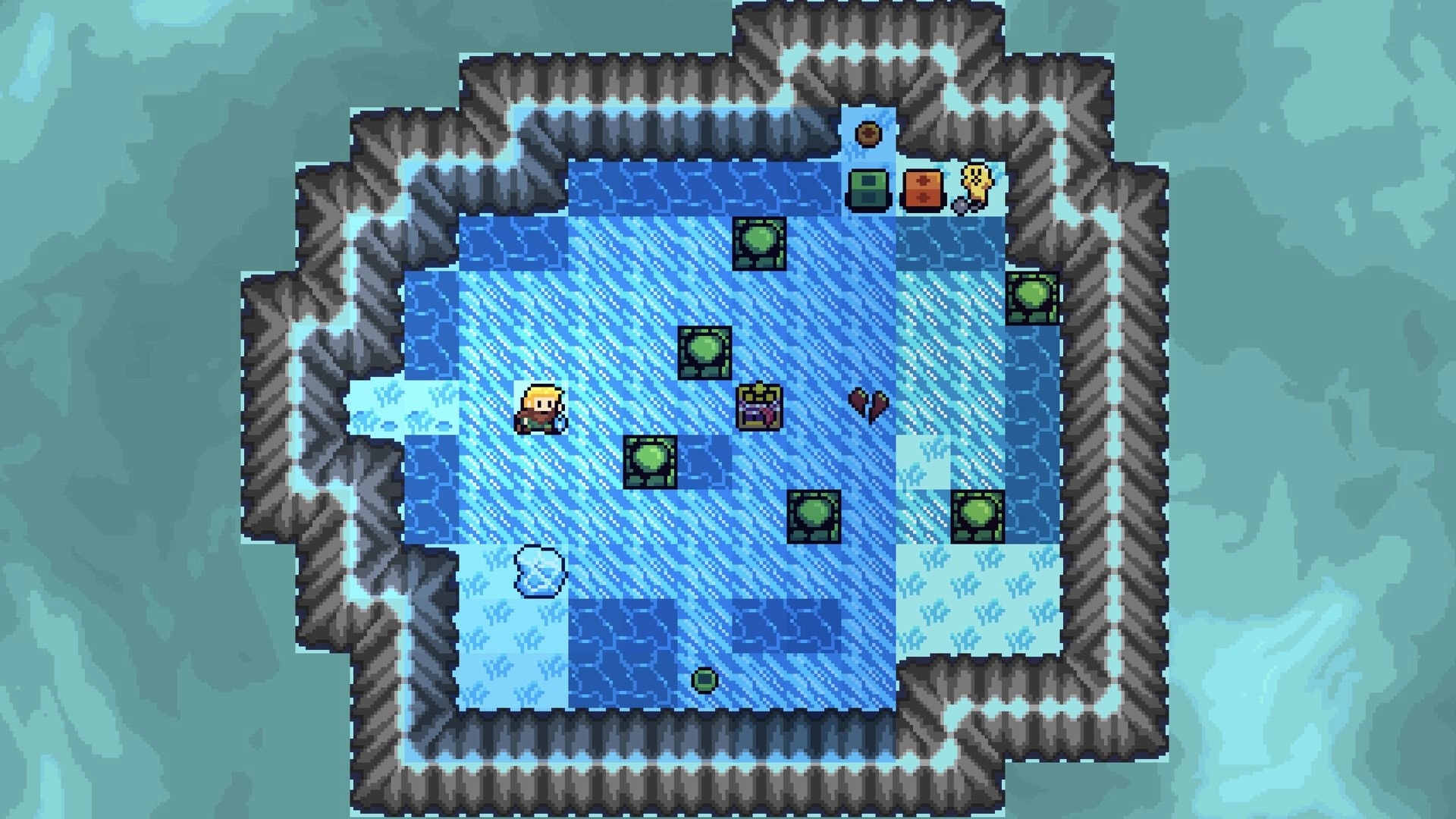 Out of Body: Top-down ice puzzle room with hero, push blocks, chest and heart icon in cave arena.