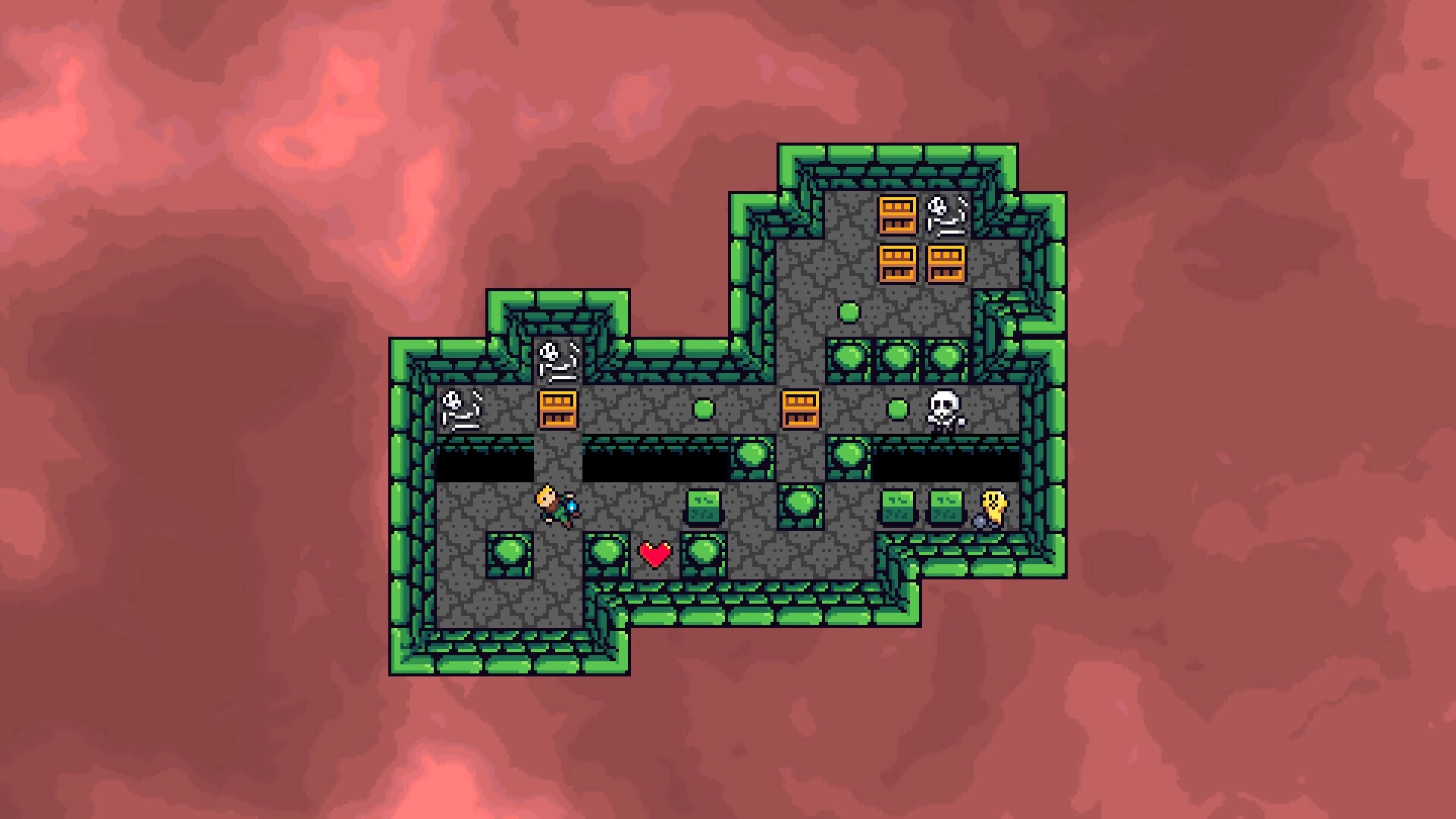 Out of Body: Top-down dungeon puzzle with skeletons, crates, green tiles, and a heart on stone floor.