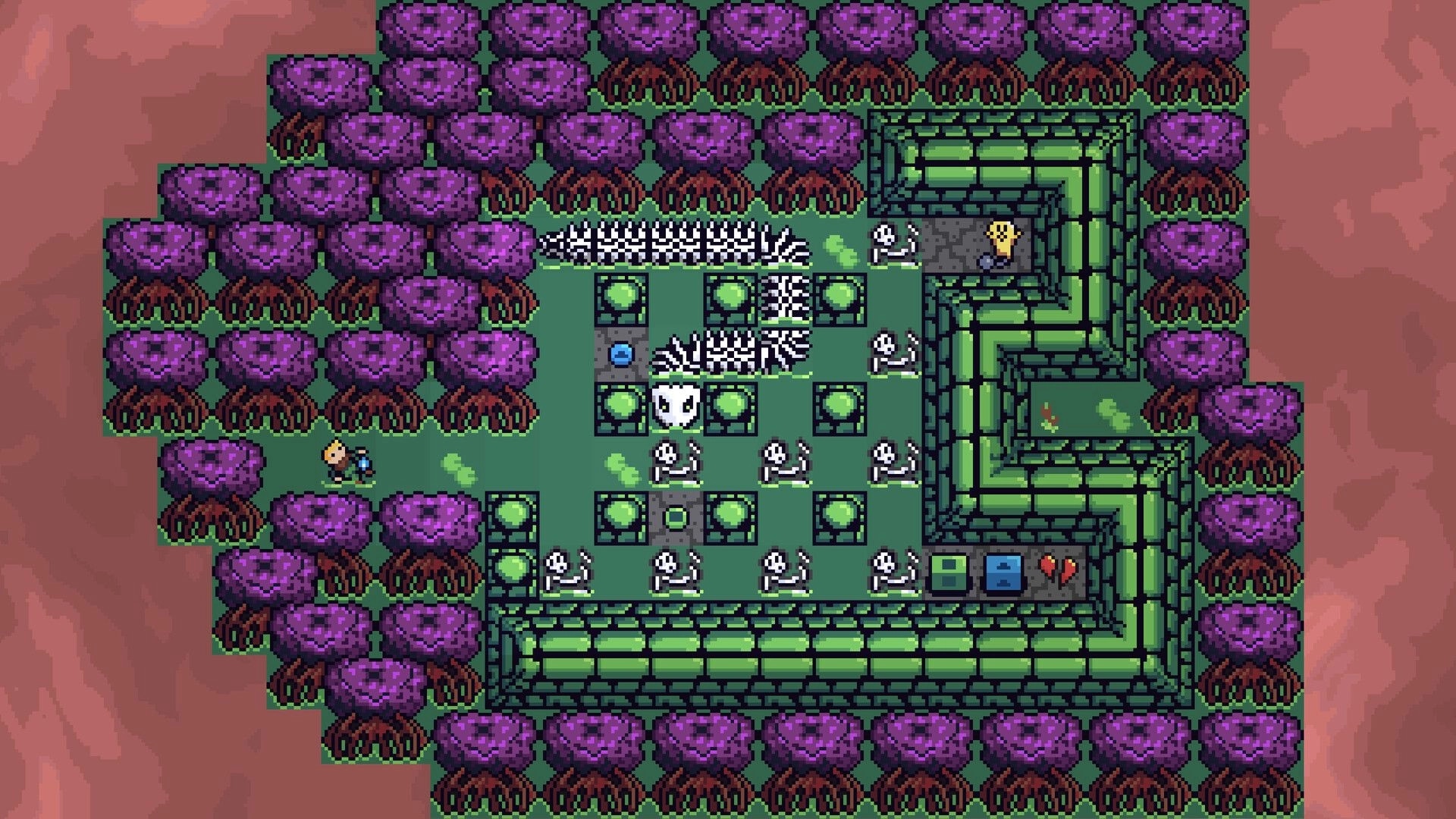 Out of Body: Top-down puzzle room with skeletons, spikes and tiles, player at left by purple trees.