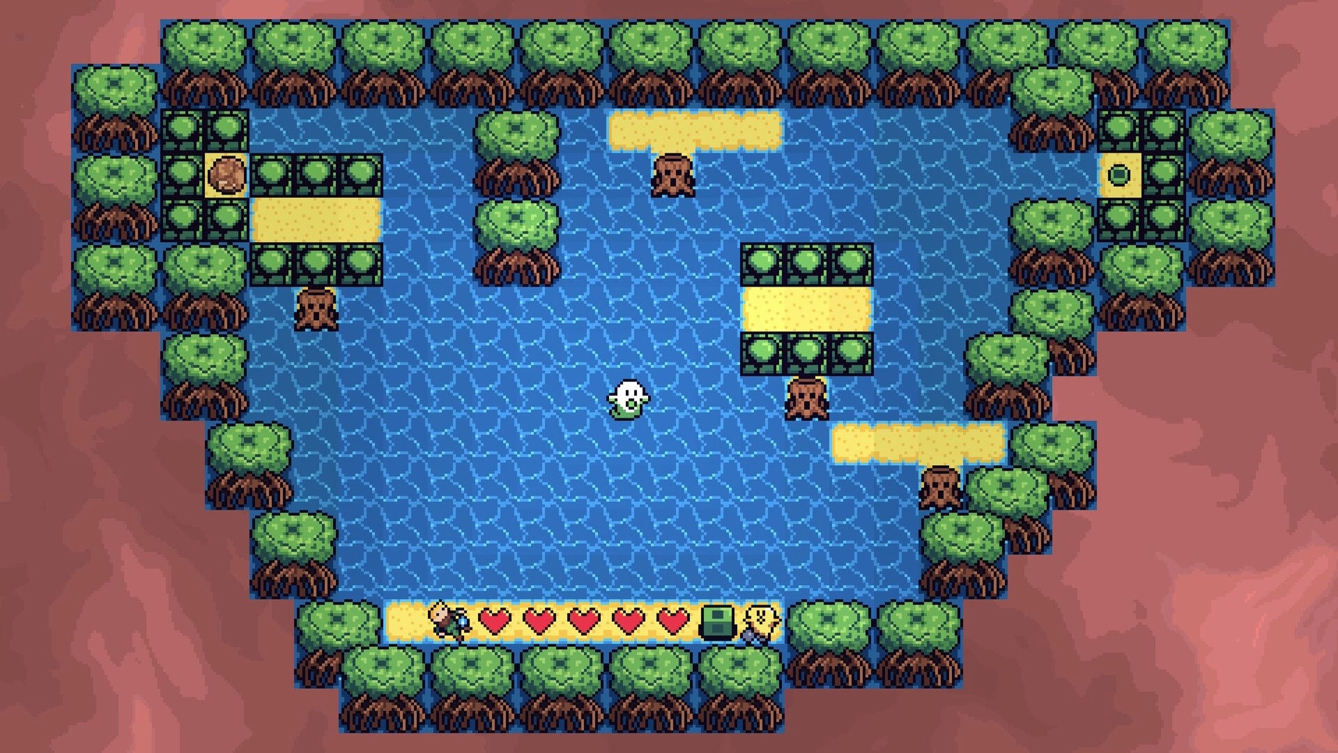 Out of Body: Ghost character in blue maze with tree stumps and blocks, hearts UI at bottom edge.