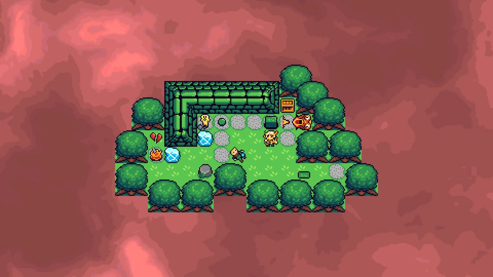 Out of Body: Top-down puzzle room with player sprite, ice blocks, chest, and trees on grassy tiles.