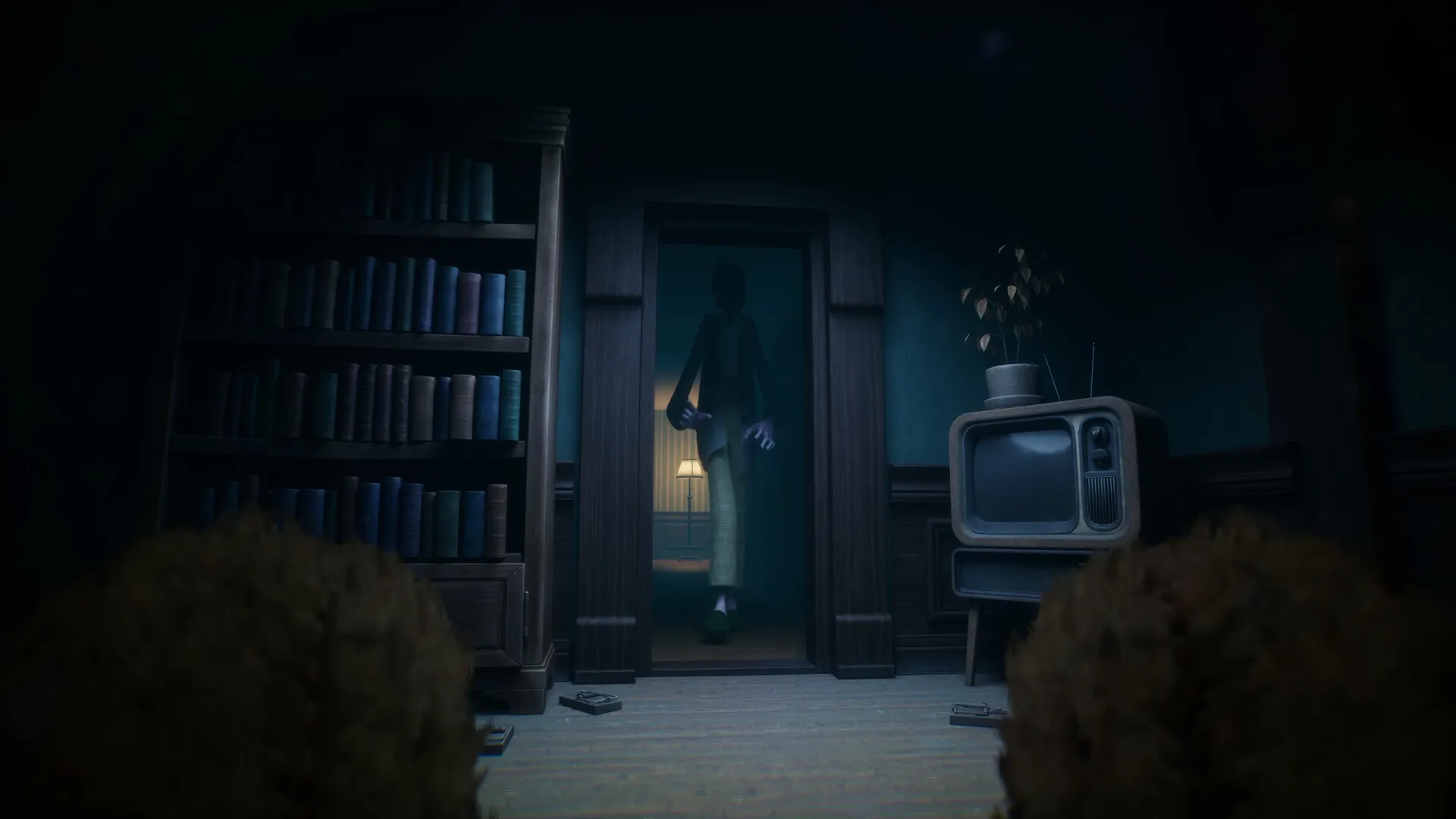 Out of Sight: Mysterious figure enters dim room with bookshelf and vintage TV in eerie mansion hallway.