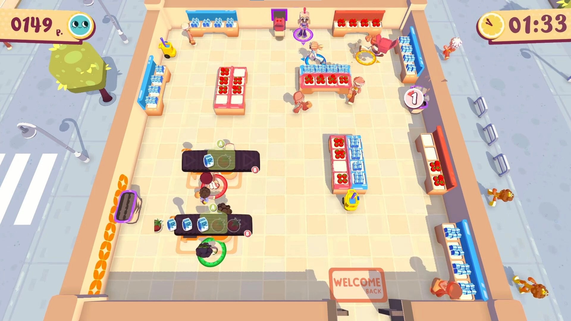 Out of Stock!: Players restock shelves and serve customers in a busy store with a timer and score display.