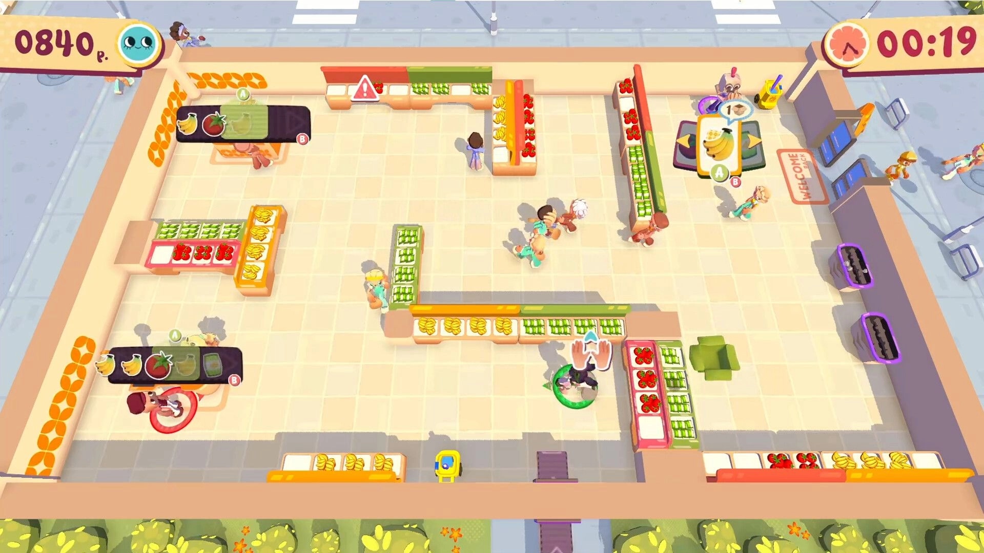 Out of Stock!: Characters restocking shelves and managing inventory in a busy grocery store environment.