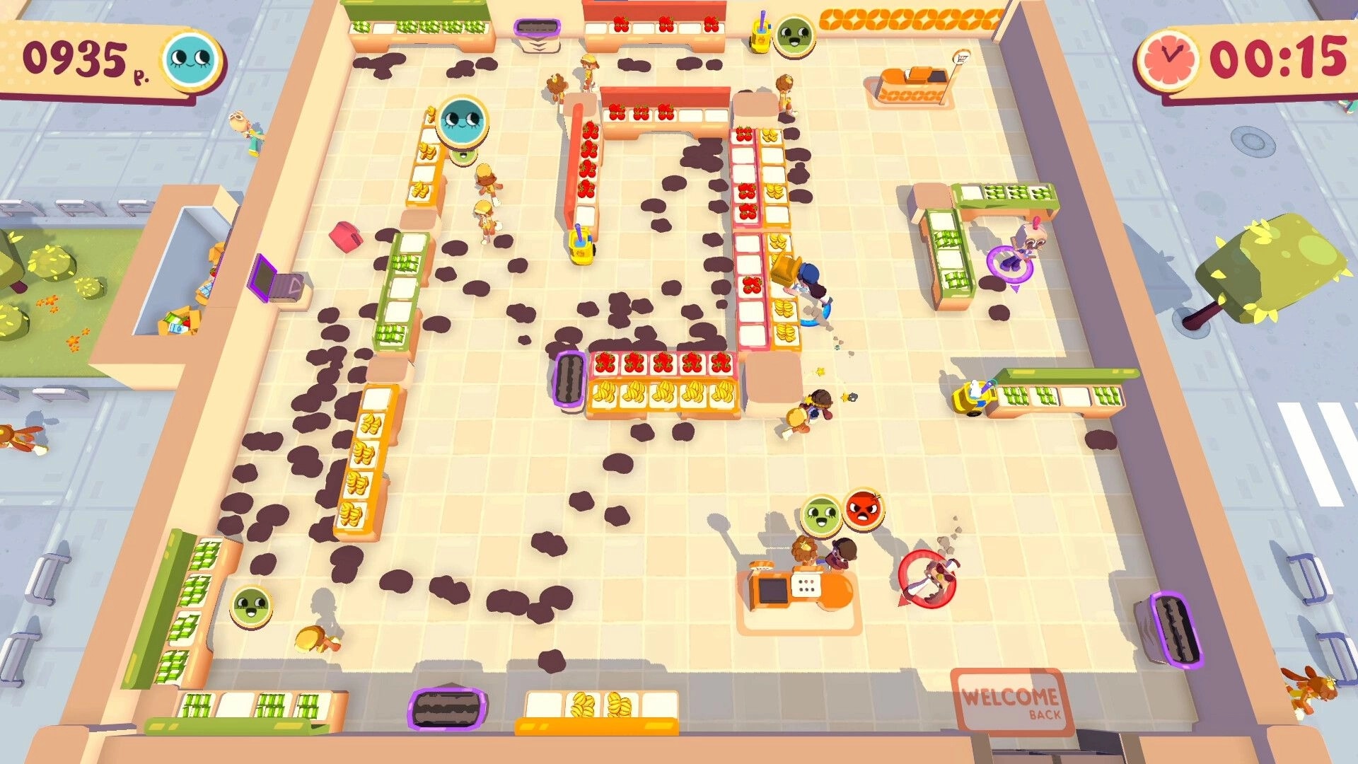 Out of Stock!: Characters frantically clean and restock shelves in a colorful, messy store environment.