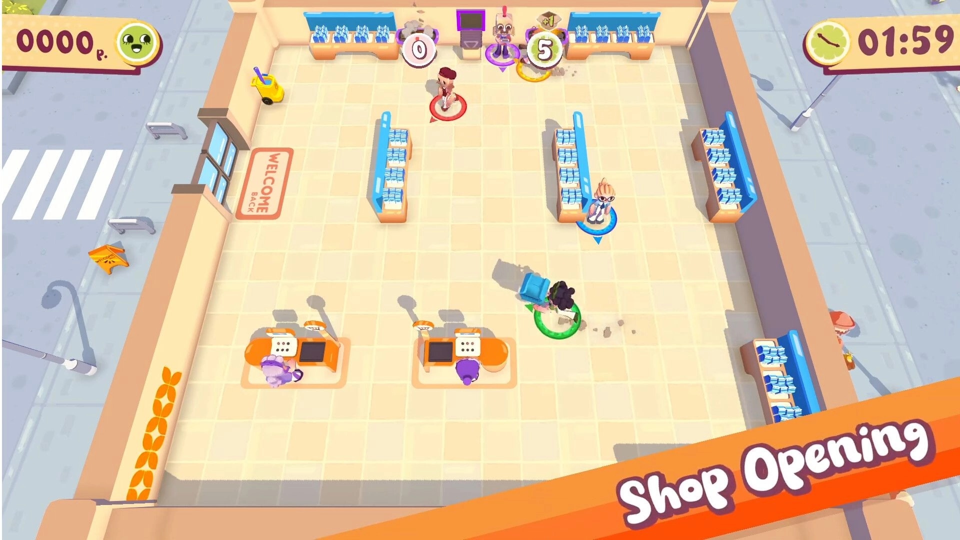 Out of Stock!: Four players restock shelves and manage checkout counters in a busy store environment.