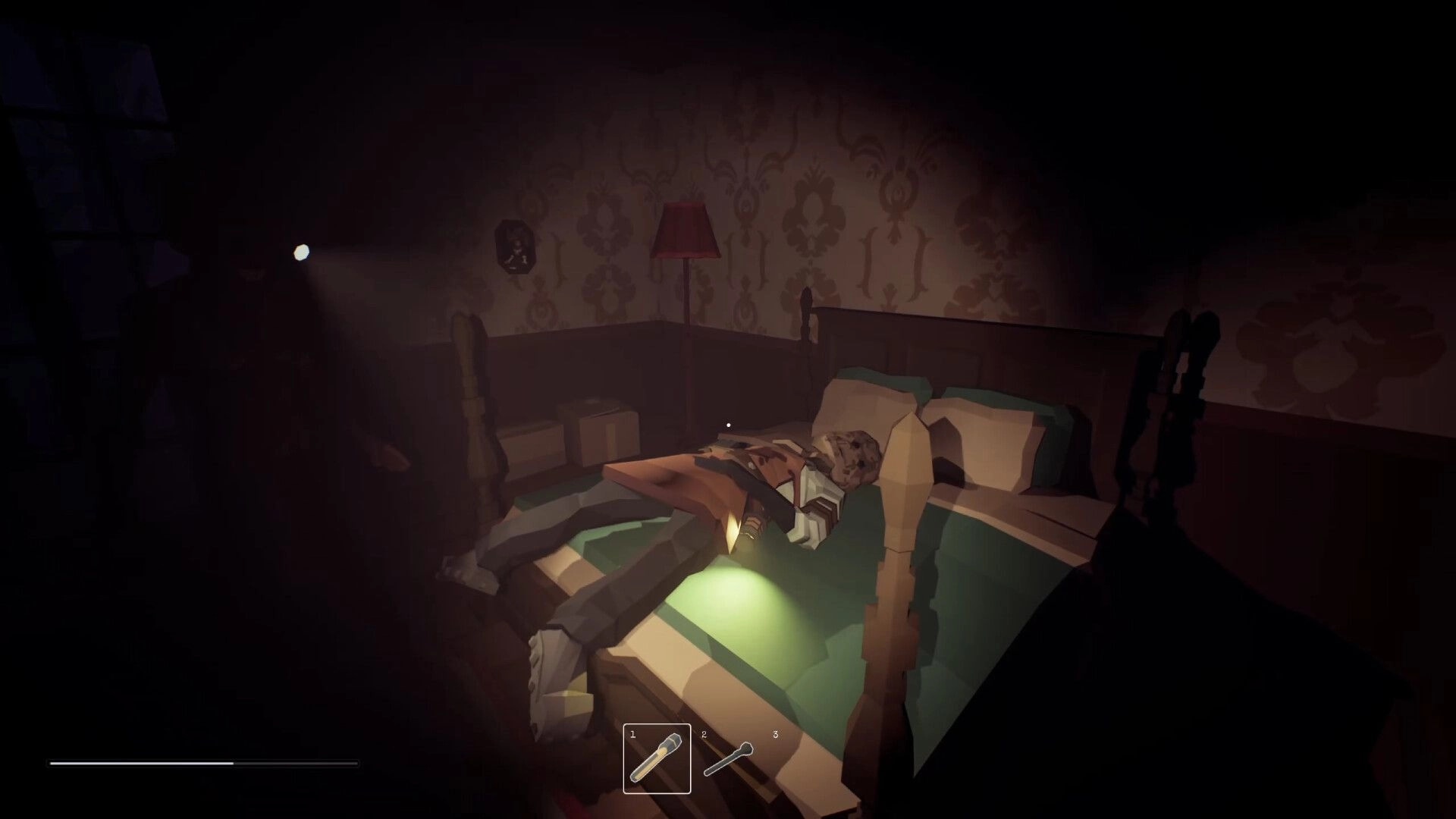 Out of the Shadows: Character with flashlight explores dark bedroom, inventory items visible at bottom.