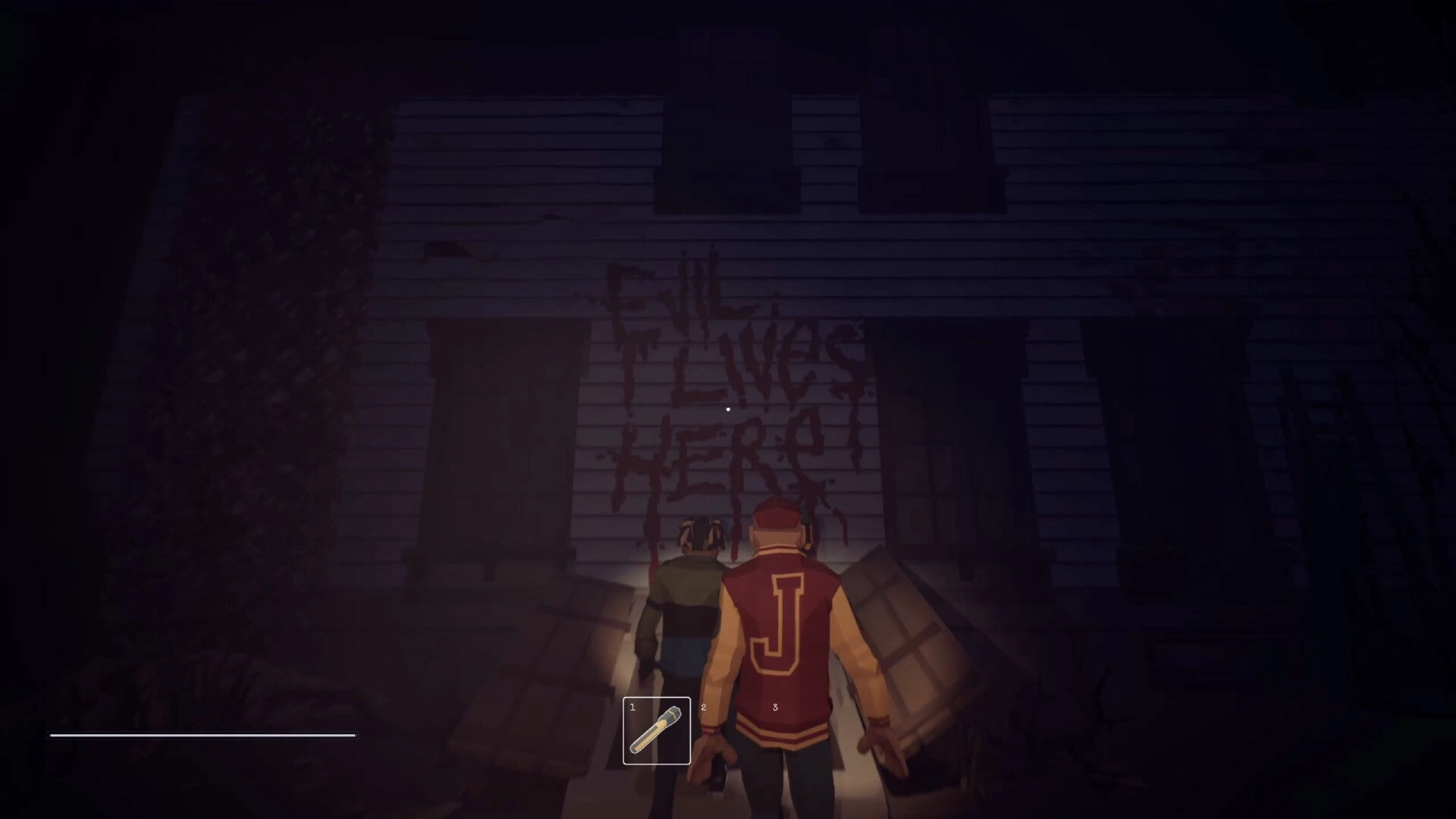 Out of the Shadows: Two characters approach eerie house with "Evil Lives Here" graffiti, flashlight equipped.