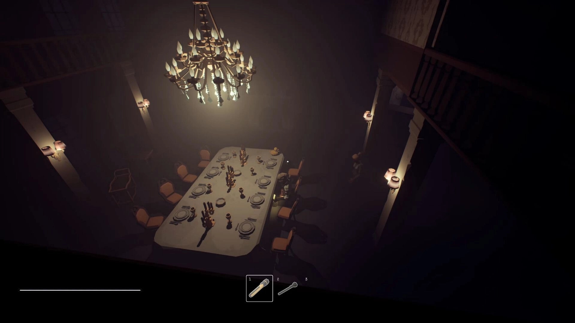 Out of the Shadows: Dimly lit dining room with a large chandelier and set table; inventory icons shown