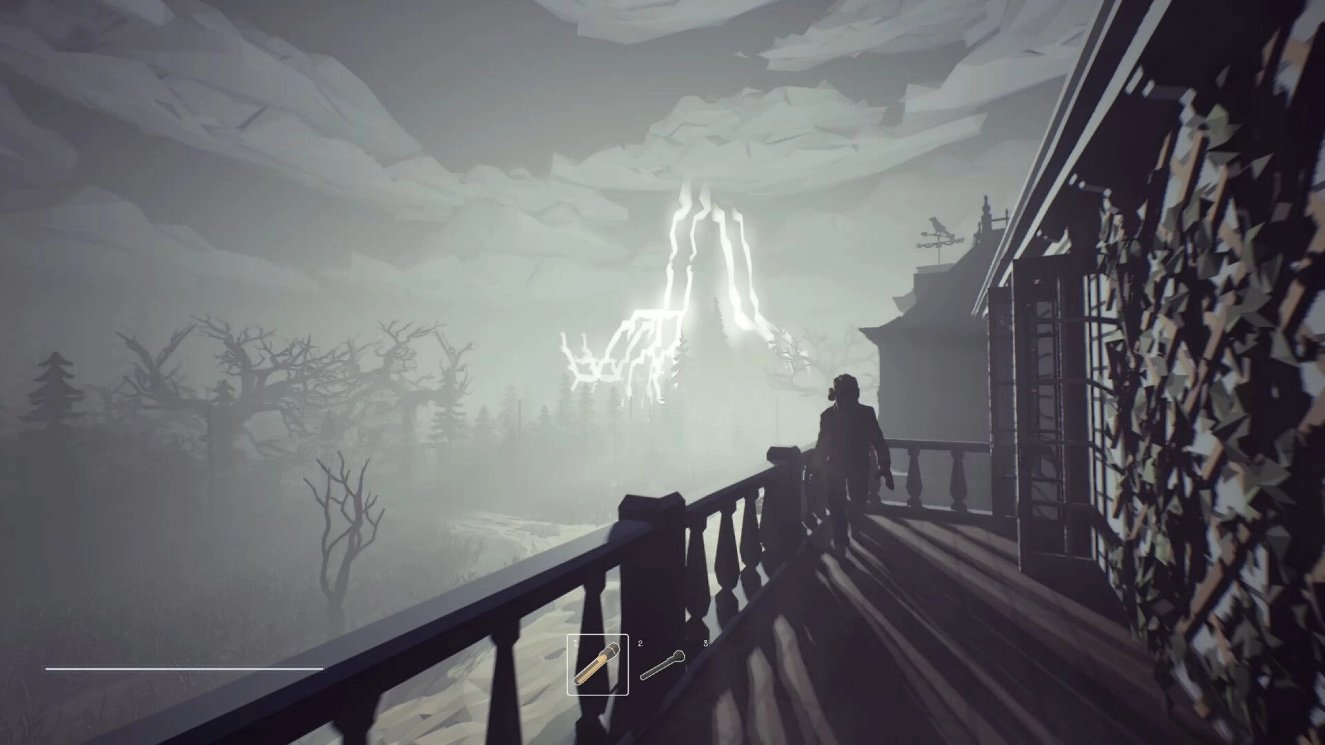 Out of the Shadows: Character on foggy balcony with lightning in distance and item icons on screen.