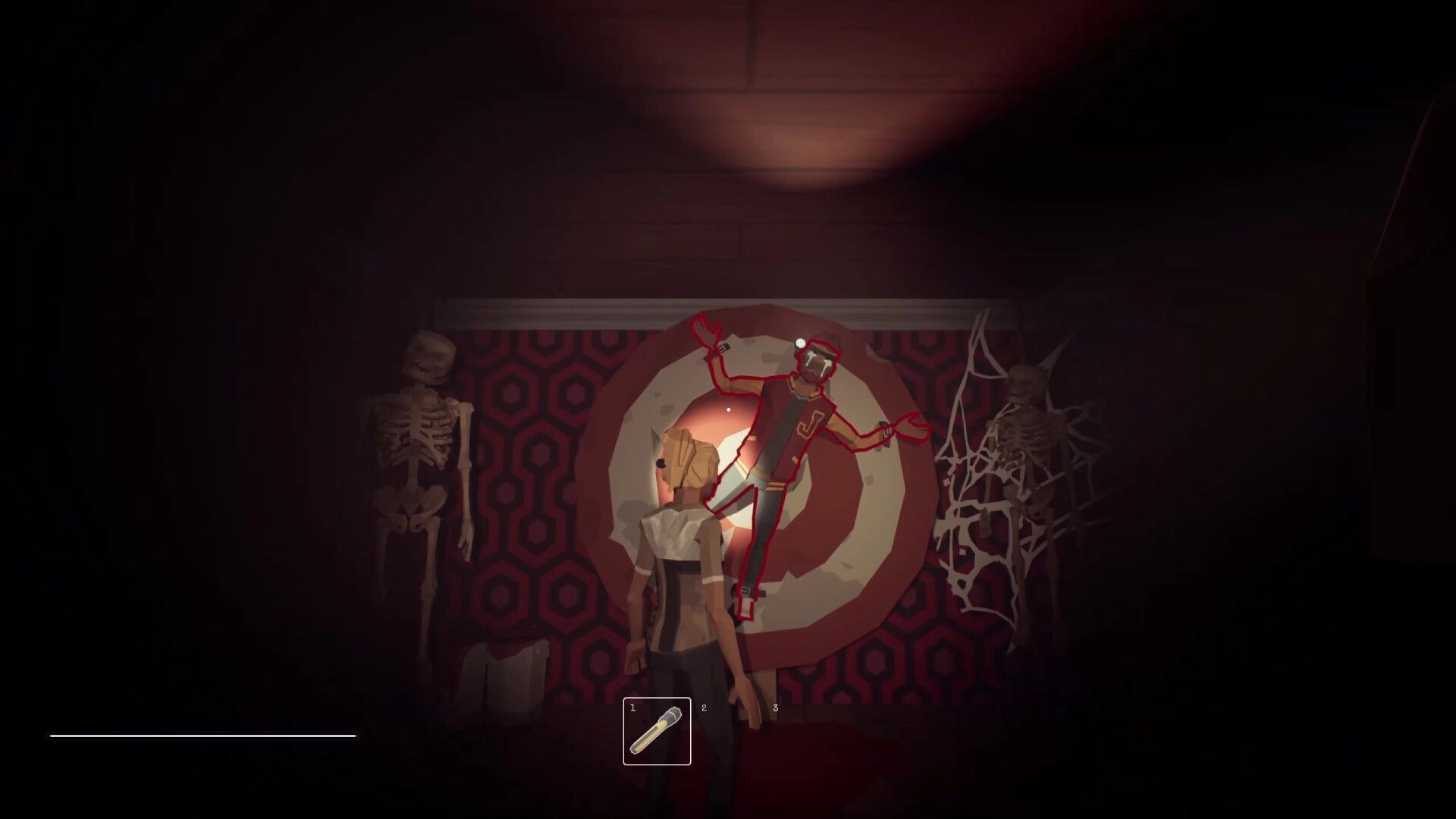 Out of the Shadows: Player examines eerie skeletons and a target in a dimly lit, patterned room.