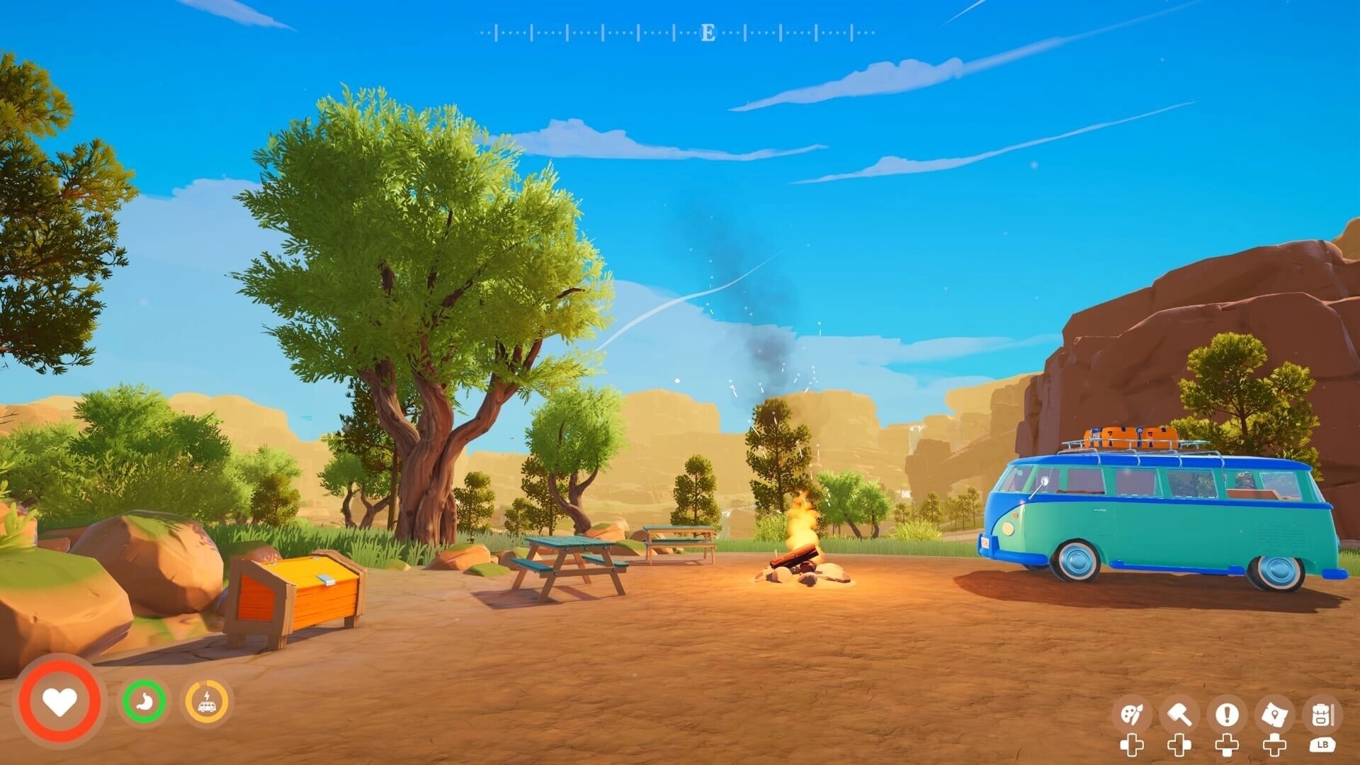 Outbound: Camper van parked by a lit campfire and picnic table in a sunny desert canyon campsite.