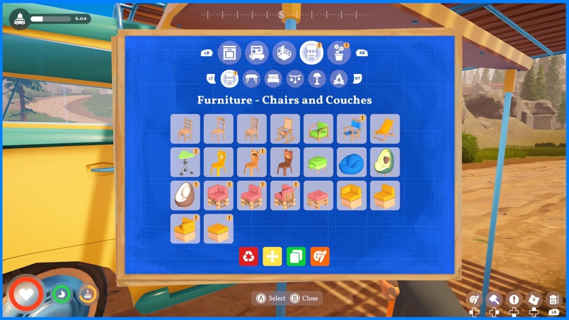 Outbound: Furniture chairs and couches build menu with seat icons open beside camper in desert camp.