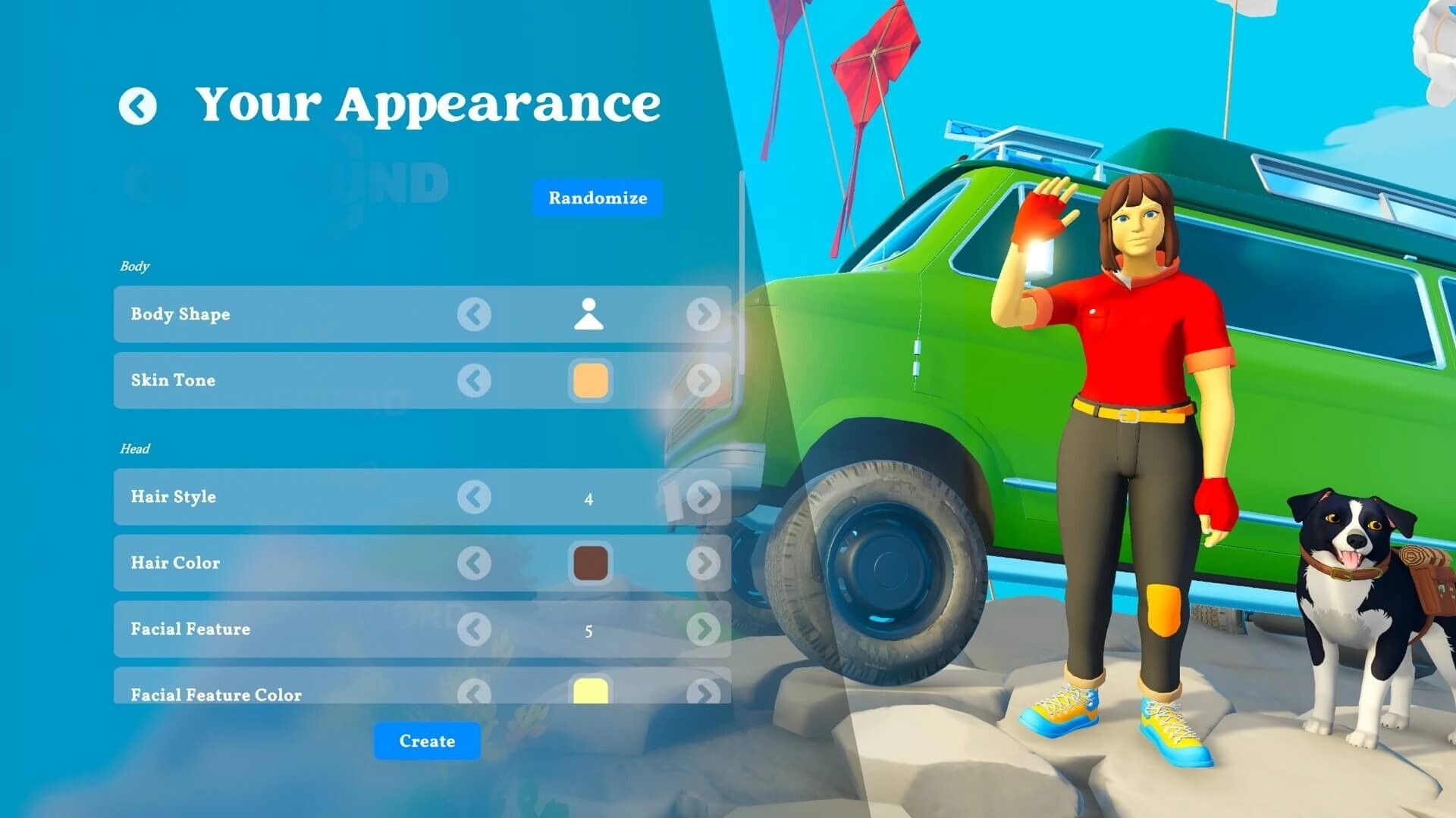 Outbound: Character creation menu with avatar waving beside green van and dog on rocky ground.