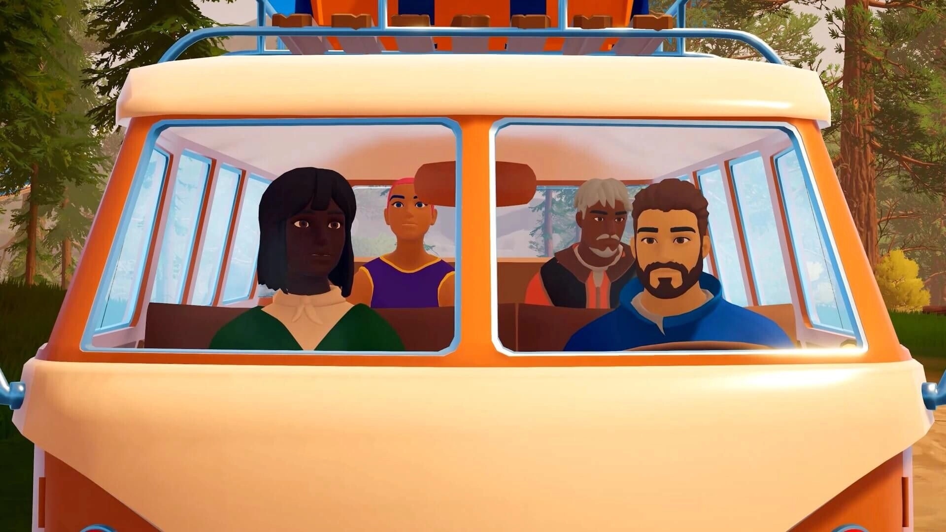 Outbound: Four players sit inside a camper van, viewed through windshield in a forest campsite.