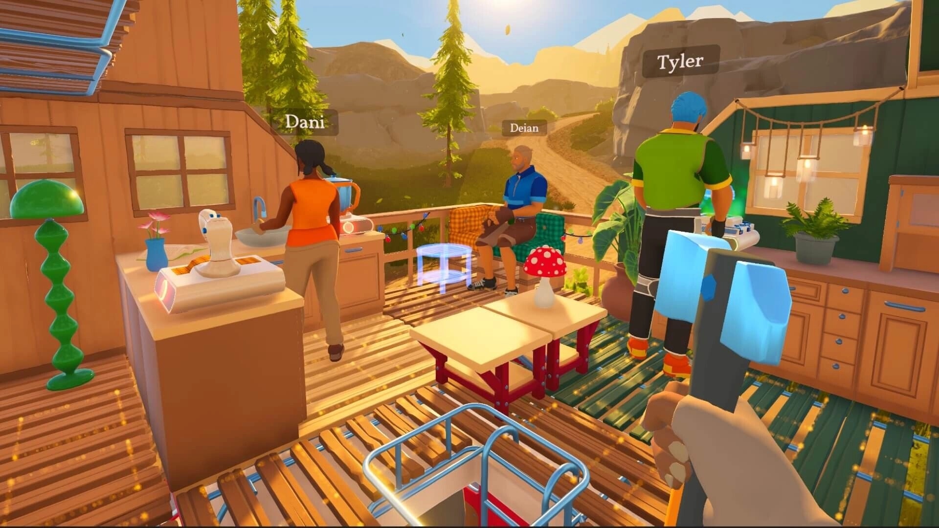 Outbound: Three players hang out by a kitchenette on a camper deck overlooking a sunny mountain valley.