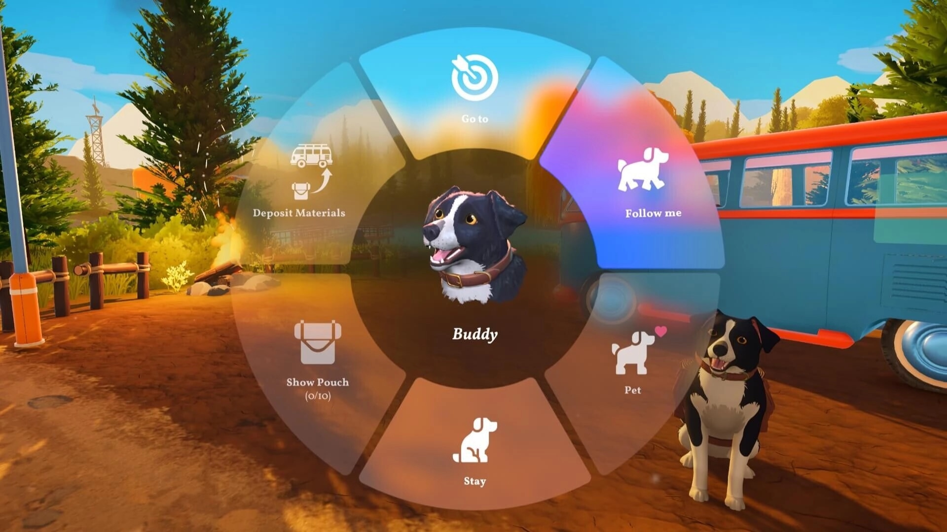 Outbound: Radial command menu for Buddy with follow, pet, stay options beside camper at campsite.