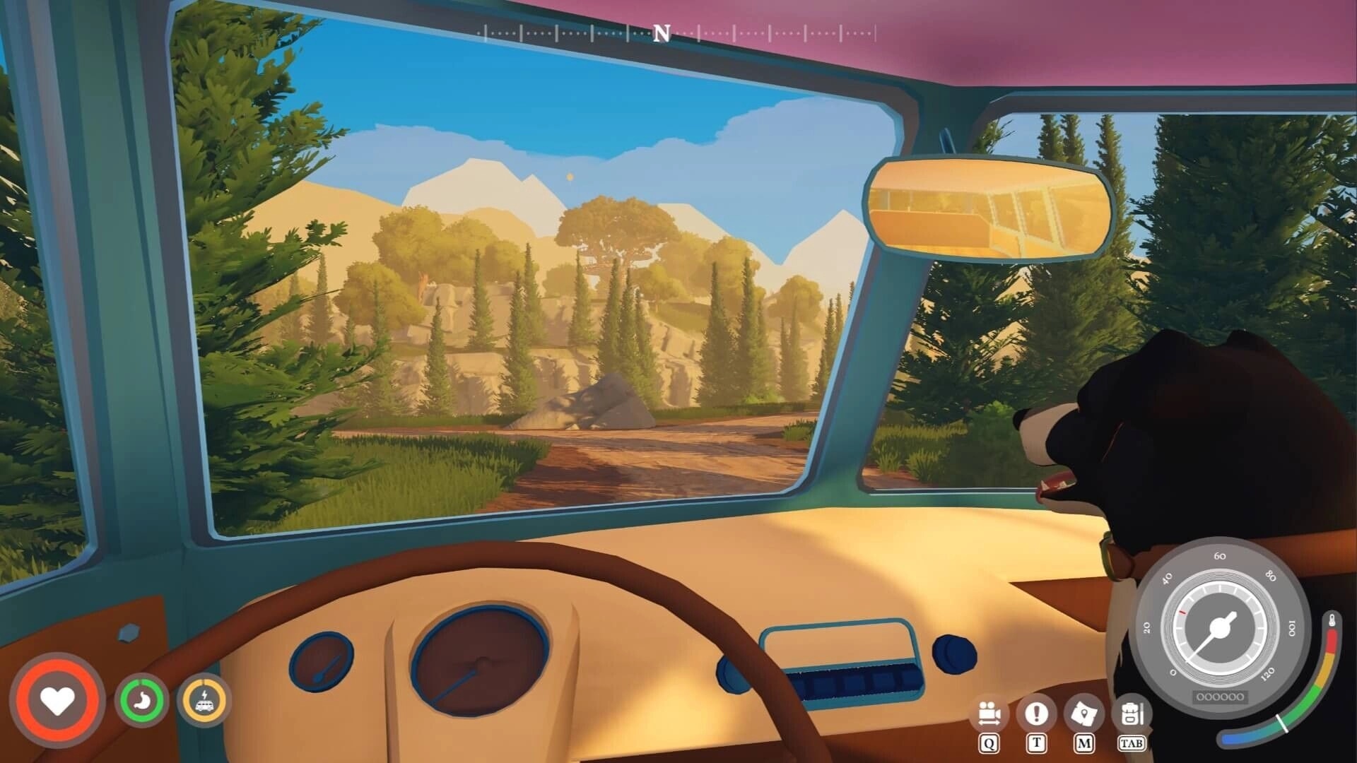 Outbound: First-person driving view with speedometer HUD through van windshield on forest road at sunset.