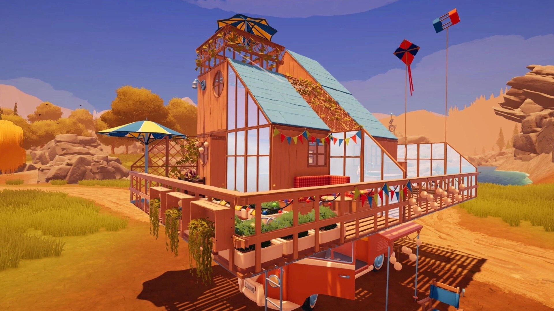 Outbound: Customized camper house with rooftop garden and bunting parked by a river in sunny hills.