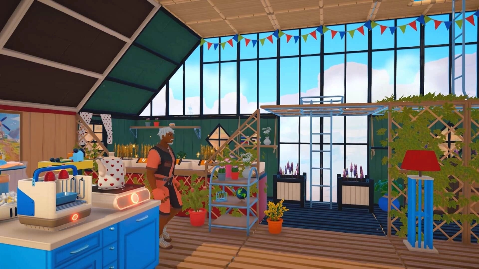 Outbound: Player stands by crafting counter and potted plants inside a bright glass greenhouse workshop.