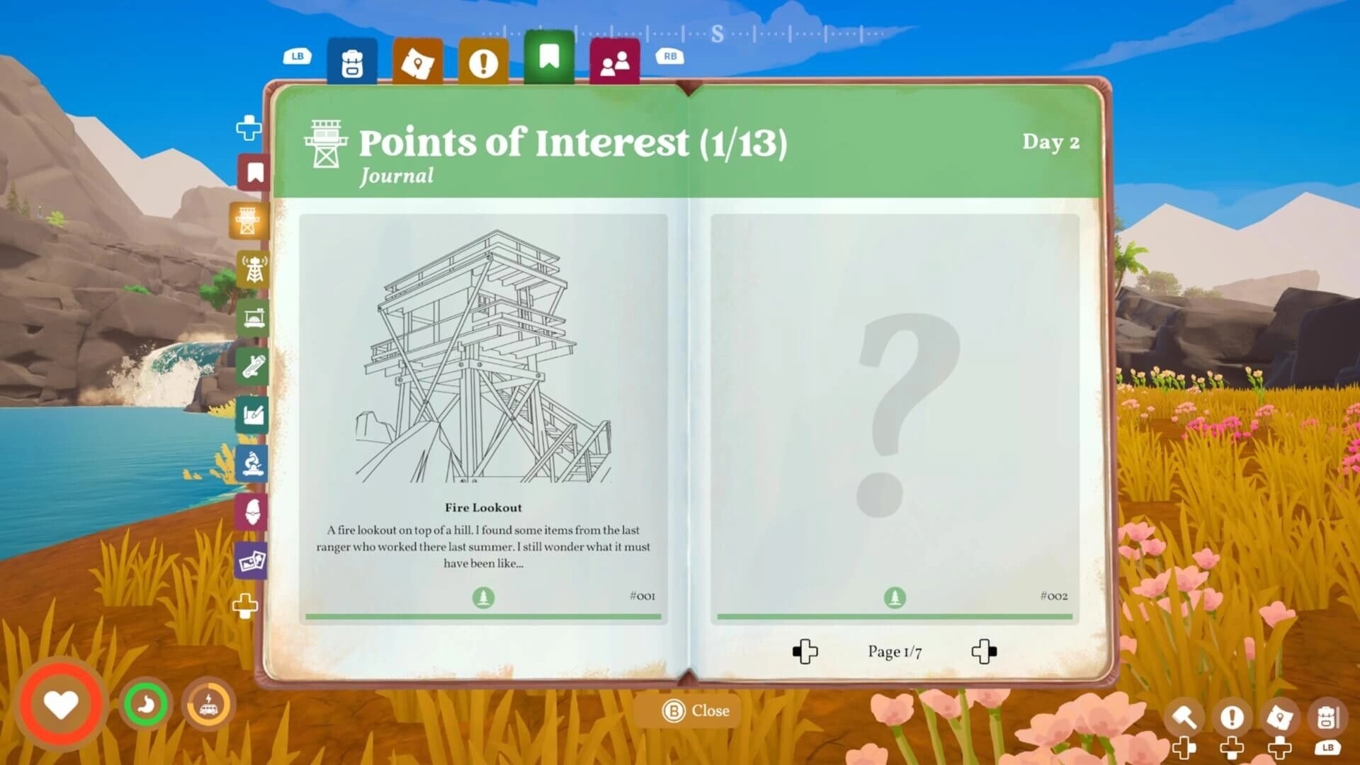 Outbound: Points of Interest journal open to Fire Lookout entry, with lake and grassy hills behind.