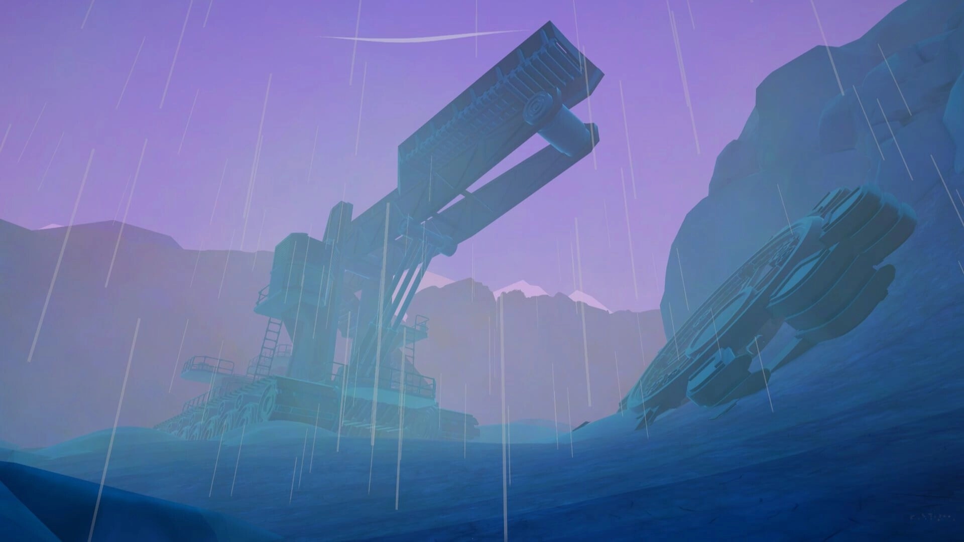 Outbound: Giant industrial pumpjack towers in rain beside a wrecked vehicle on rocky slopes.