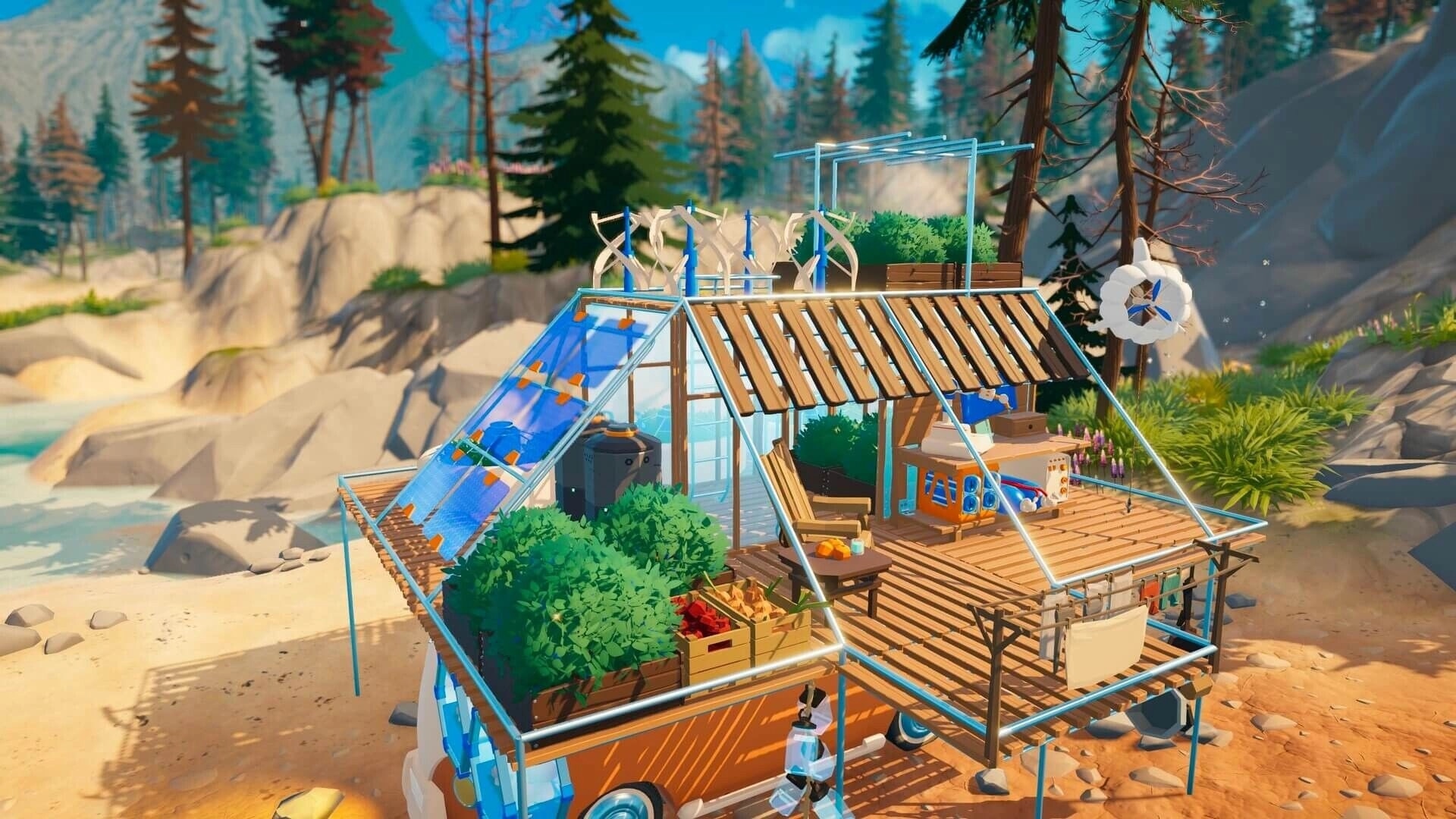 Outbound: Custom camper base with solar panels, wind turbines, and garden deck on a forested beach.