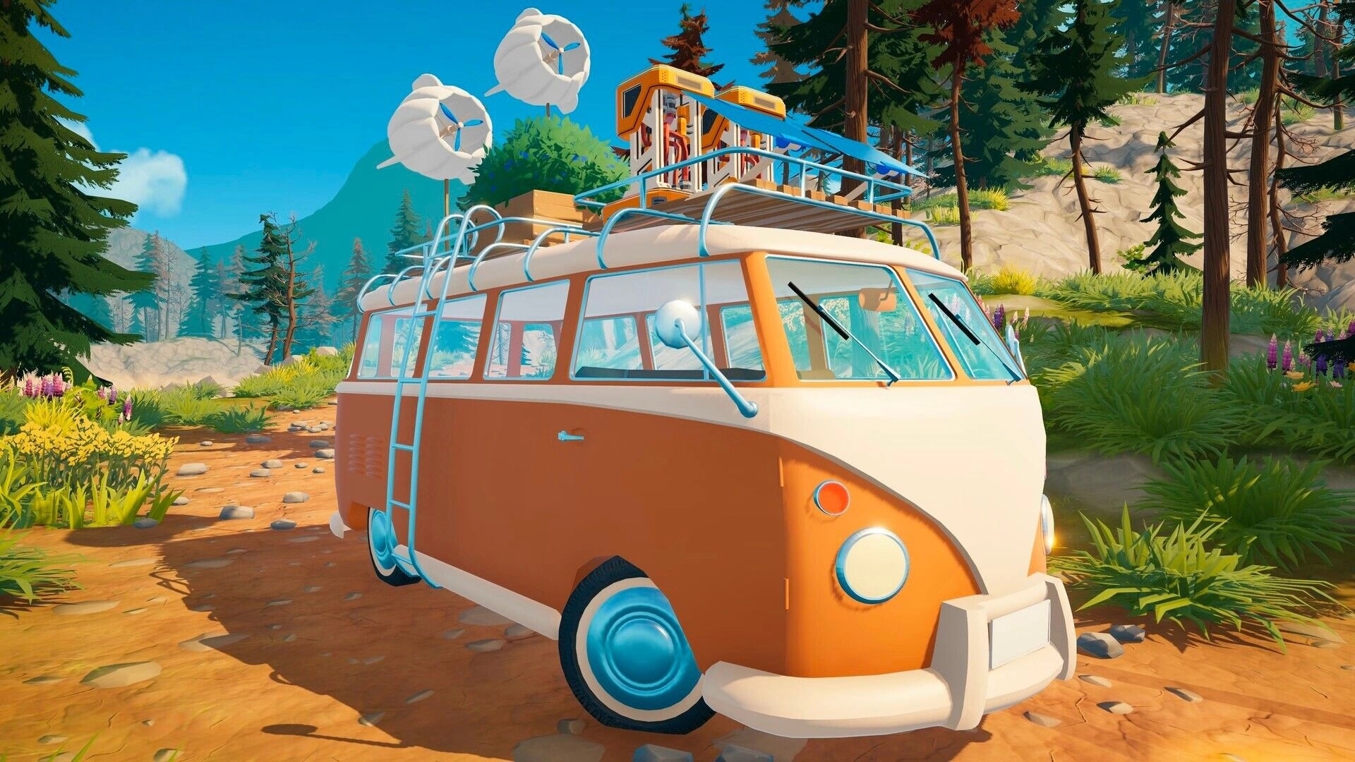 Outbound: Custom camper van with rooftop wind turbines parked on a forest dirt road by rocky hills.