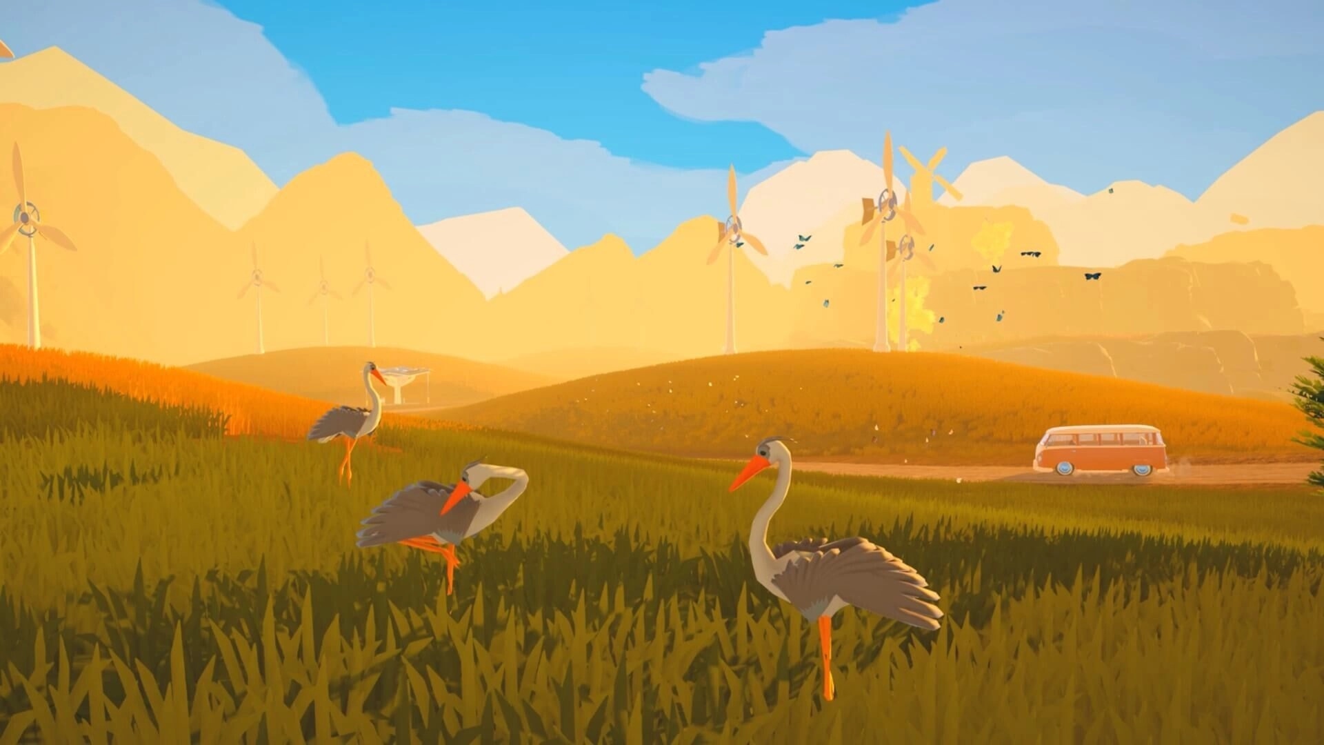 Outbound: Storks stand in tall grass near a parked van and wind turbines in sunny hills.