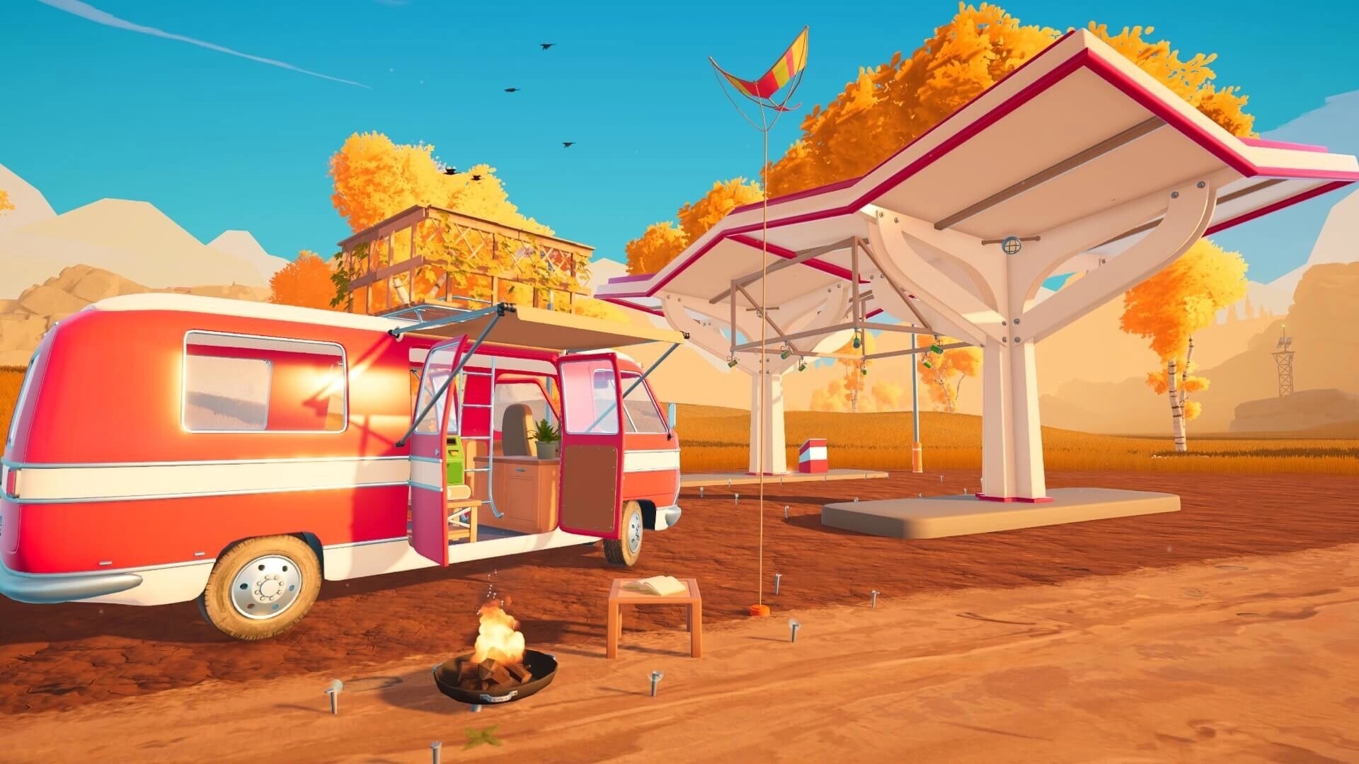 Outbound: Red camper van with open door and campfire beside large canopy in autumn clearing.