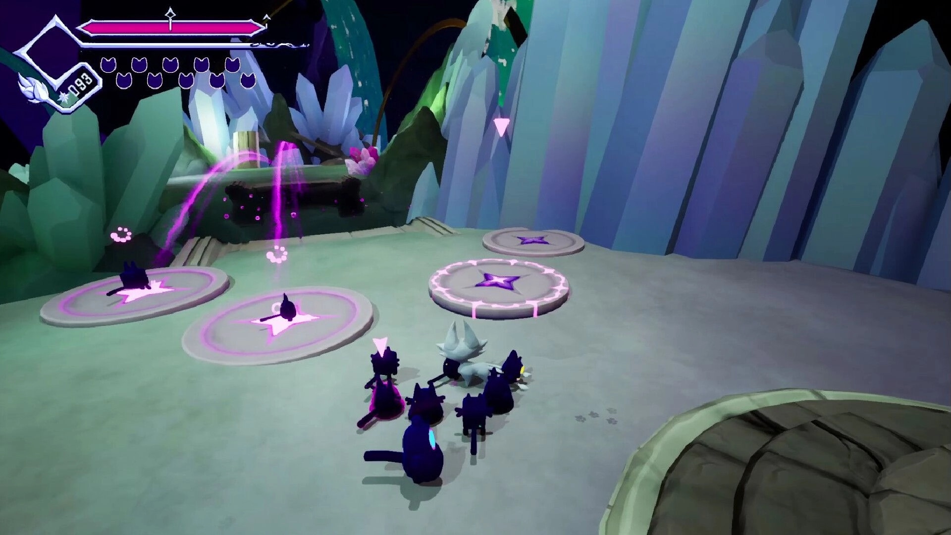 OUTCLAW: Commanding minions on glowing platforms in a crystal cavern environment