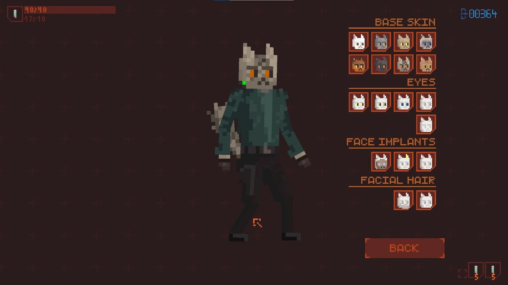 OUTGUNNED!: Cat character customization menu with base skin, eyes, implants options on dark UI screen.