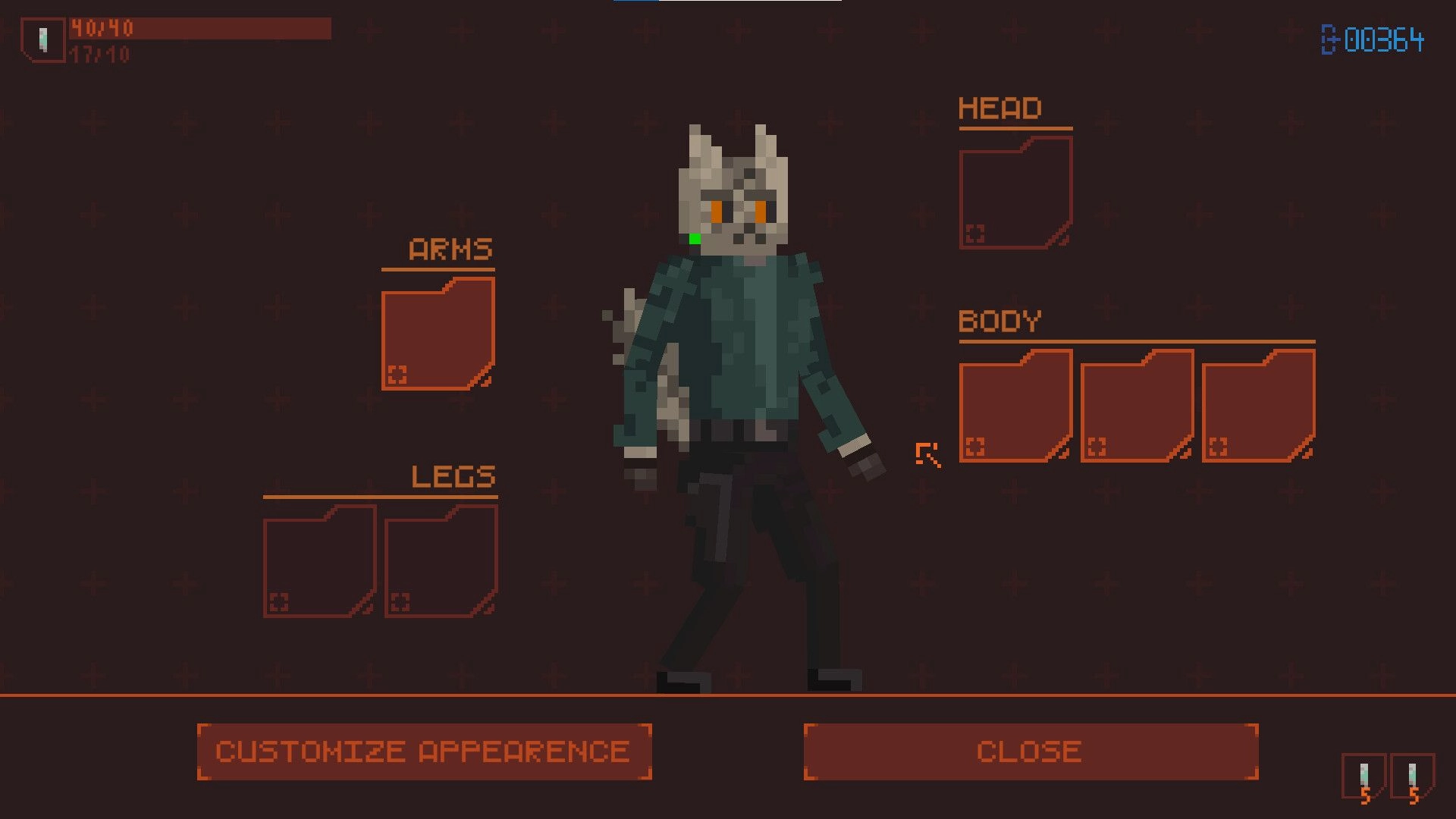 OUTGUNNED!: Inventory loadout screen with cybercat avatar and empty head, body, arms, legs slots.