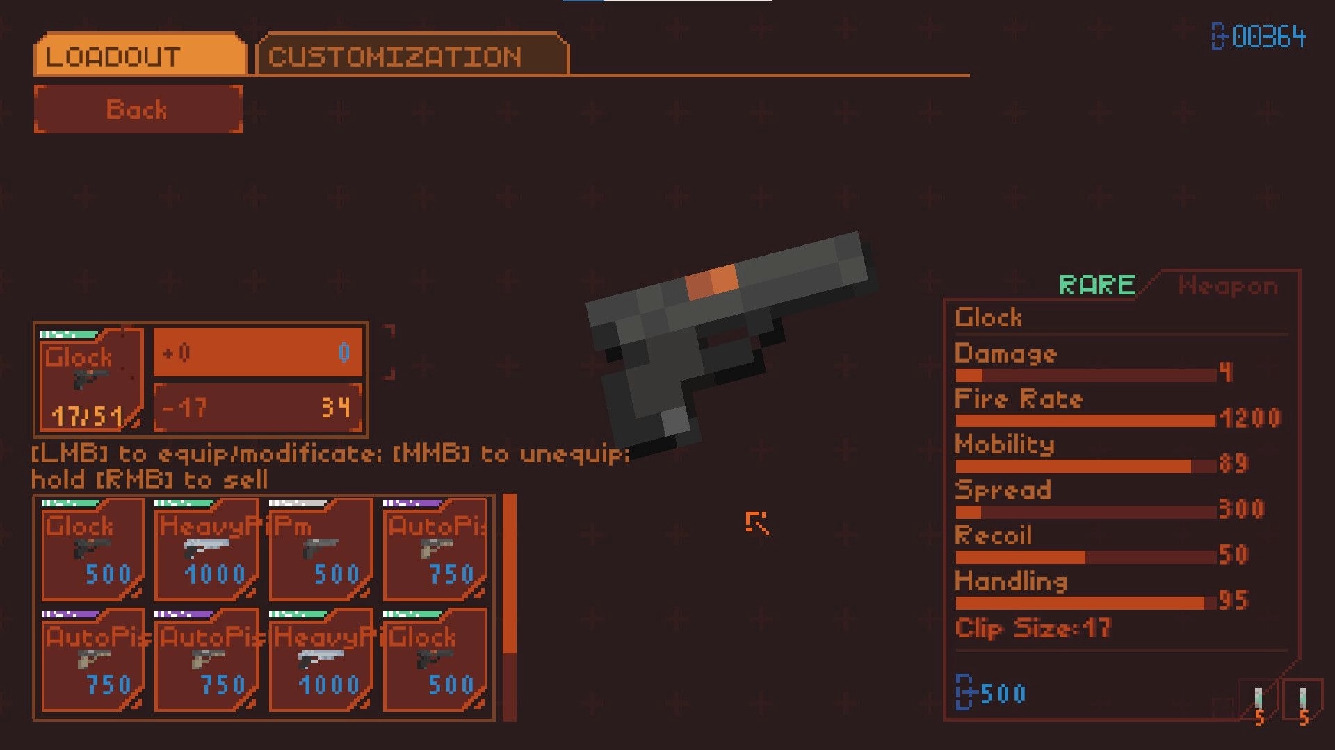 OUTGUNNED!: Loadout customization menu showing a rare Glock stats panel and weapon shop grid.