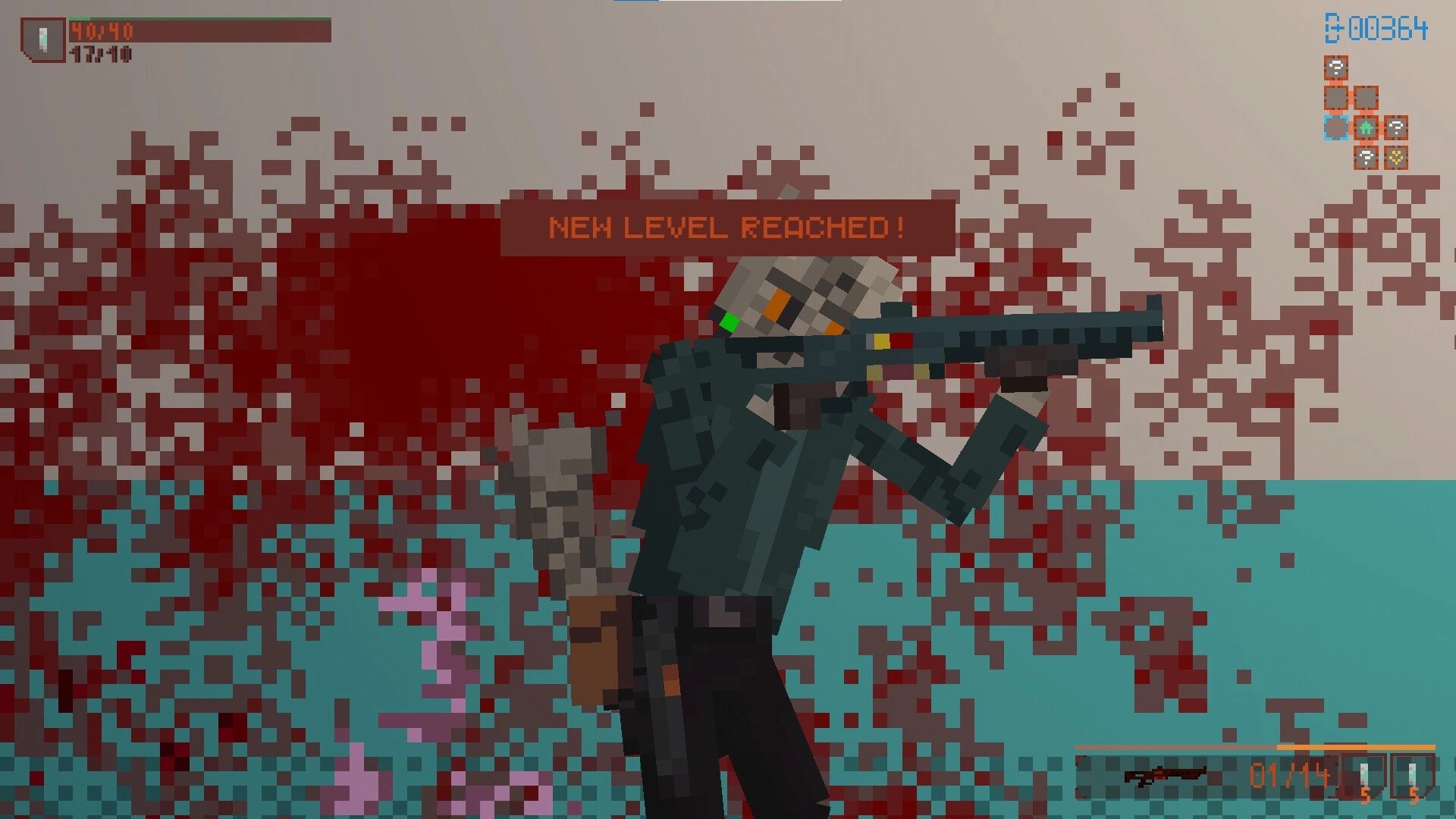 OUTGUNNED!: Armored cat aims shotgun as NEW LEVEL REACHED banner appears over pixelated gore scene.