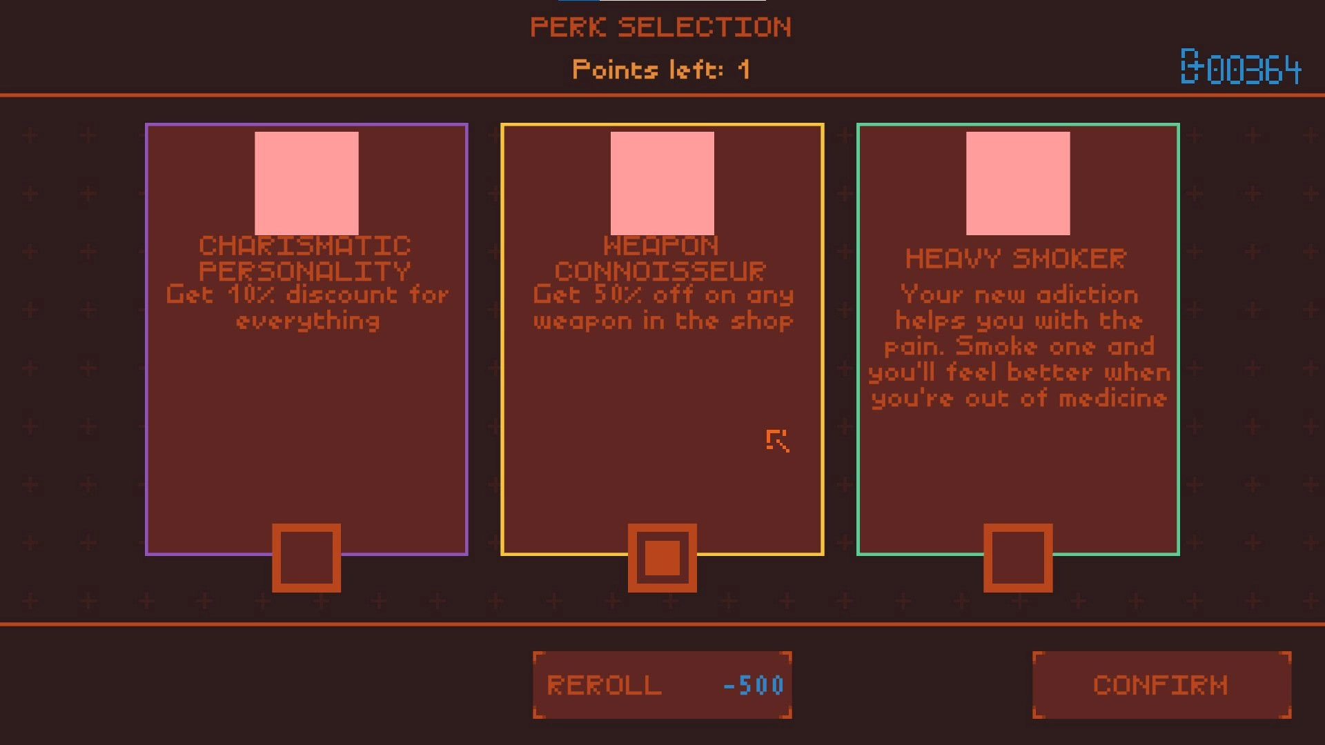 OUTGUNNED!: Perk selection menu with three perk cards, reroll cost, and confirm button UI.
