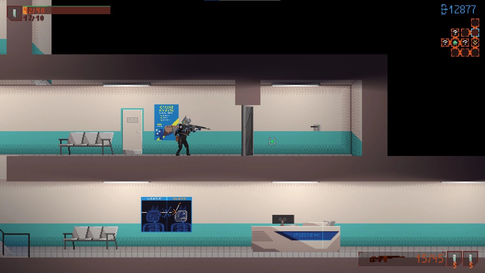 OUTGUNNED!: Cat soldier aims rifle in hospital corridor with benches, door, mini-map and ammo UI.