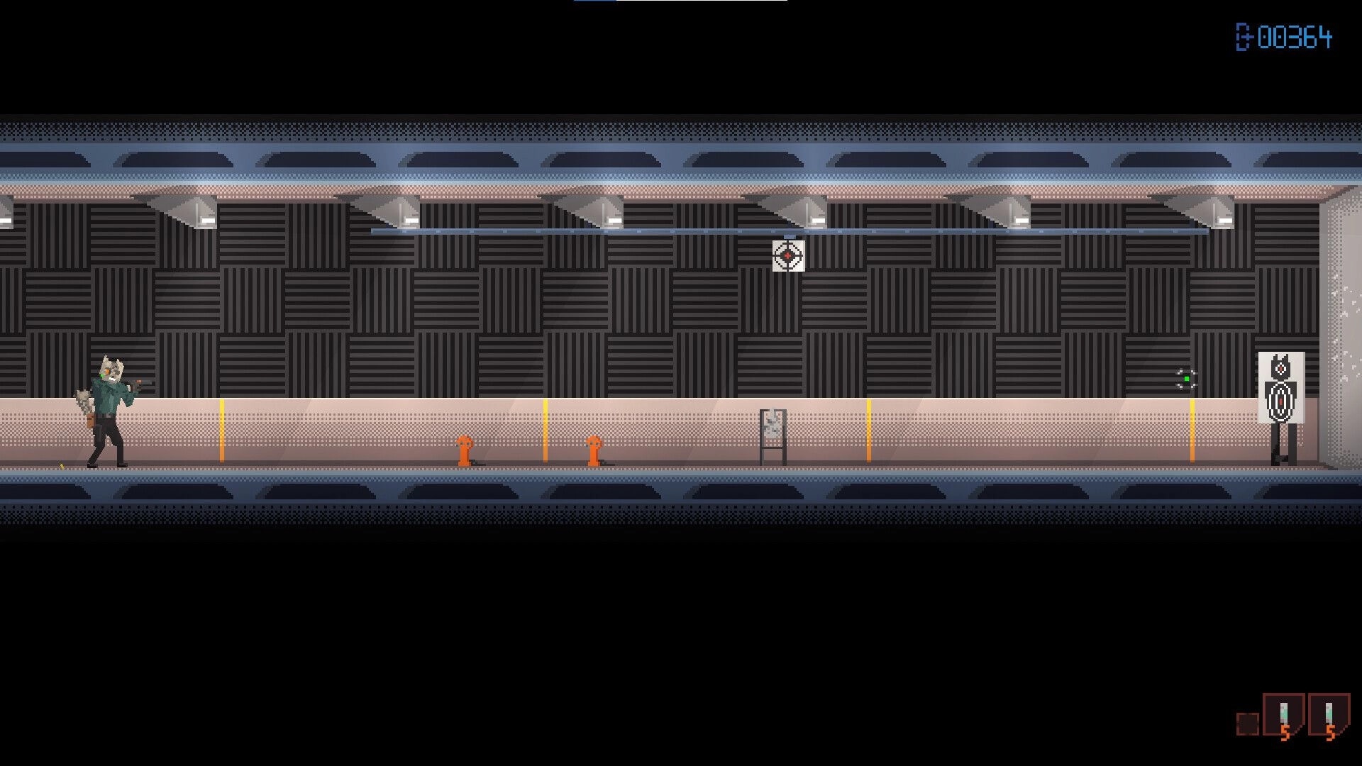 OUTGUNNED!: Cat-headed shooter aims at a target dummy in a subway range, timer 0:0364 HUD.