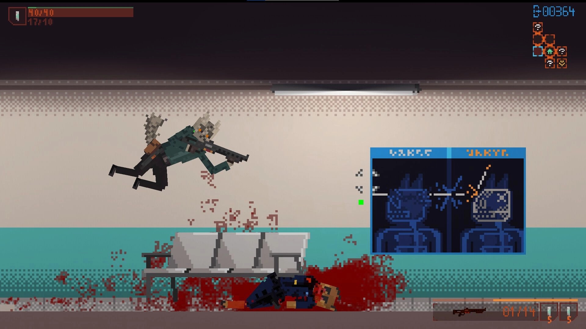 OUTGUNNED!: Cat soldier fires rifle midair in hallway, gore on floor, minimap and ammo UI visible.