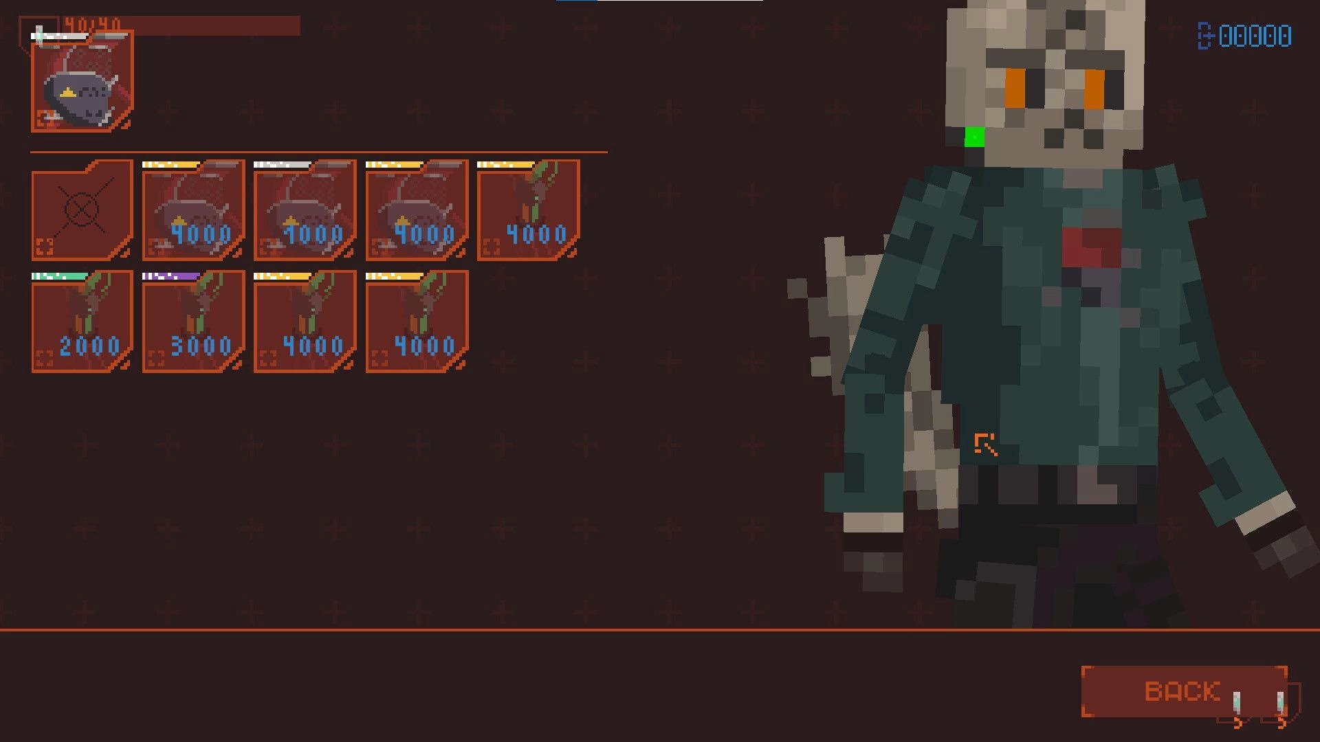 OUTGUNNED!: Loadout shop menu with weapon cards and prices beside a pixel cat character portrait.