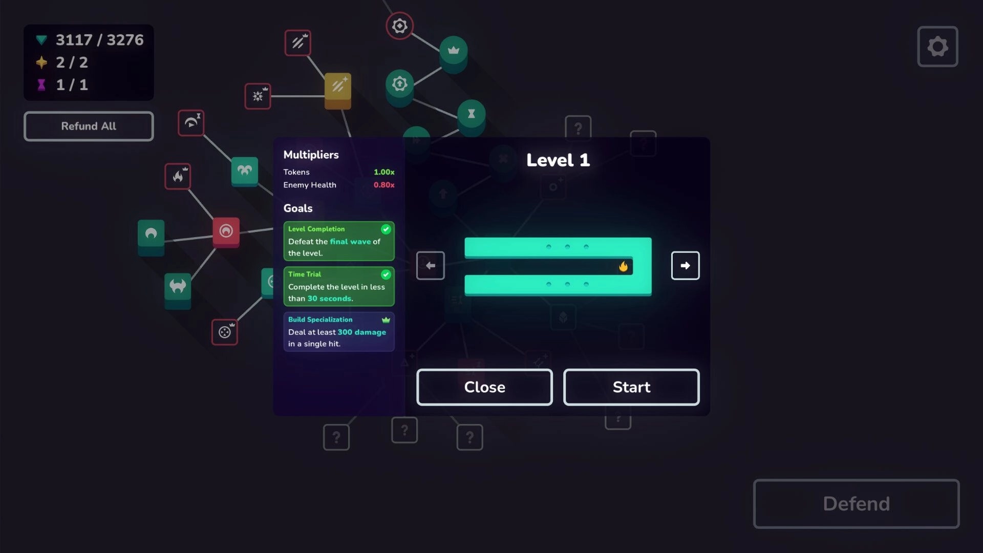 Outhold: Level 1 start screen with skill tree nodes and goals displayed in a dark interface setting.