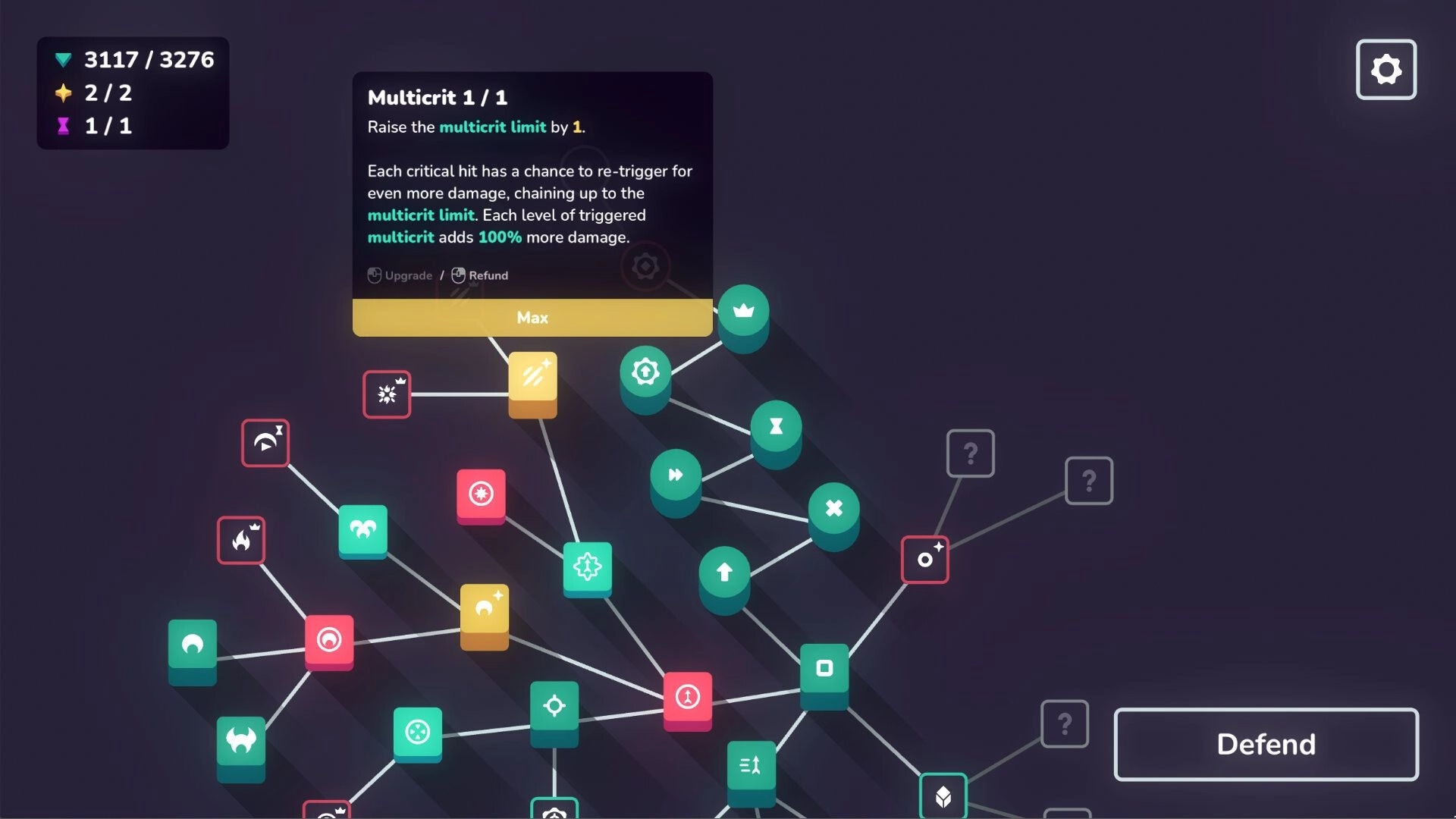 Outhold: Skill tree interface with various upgrade nodes and resource stats on a dark background.