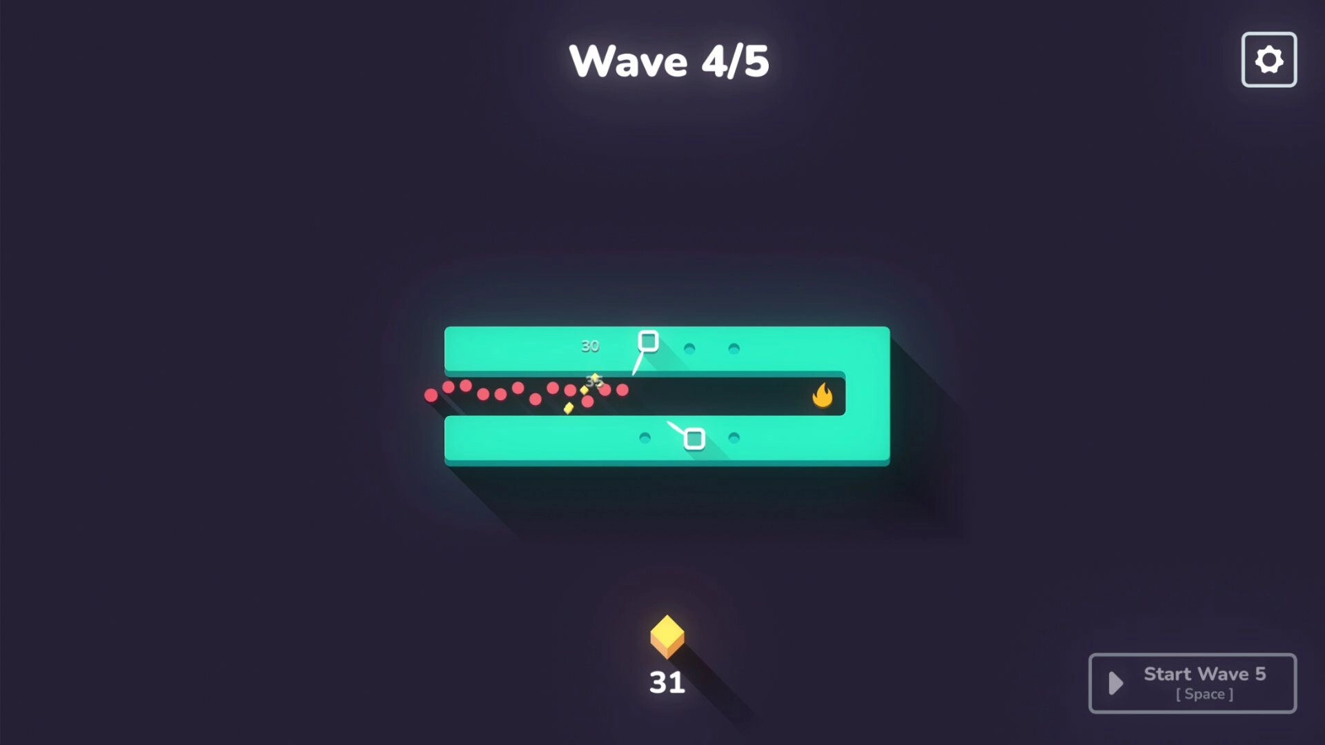Outhold: Combat in progress on Wave 4/5 with enemies approaching, UI shows start button for Wave 5.