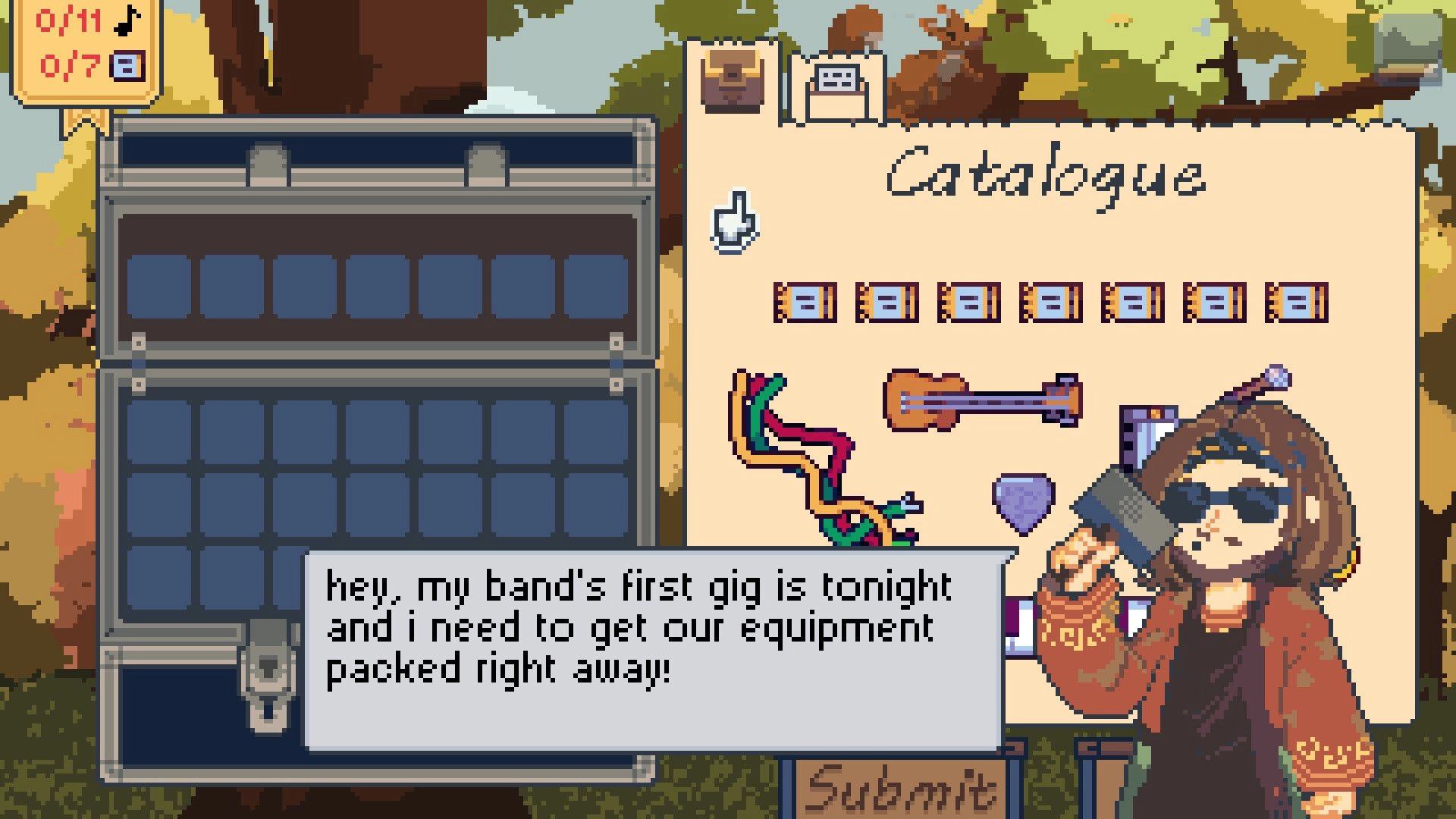 Outpacked: Band member dialogue beside empty suitcase grid and gear catalogue in autumn forest camp UI.