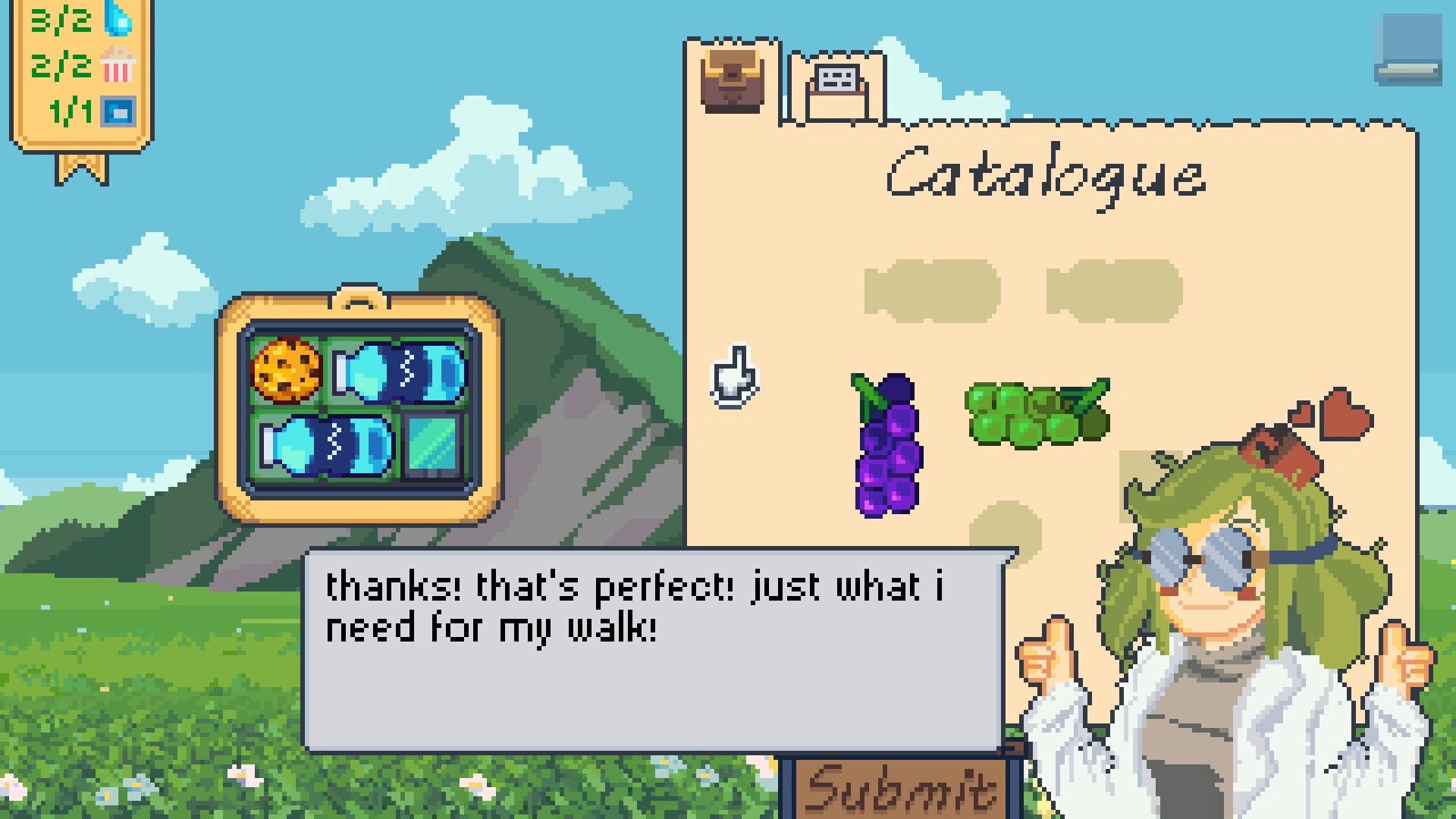 Outpacked: Customer dialogue and packed lunchbox UI beside a catalogue page in a sunny mountain field.