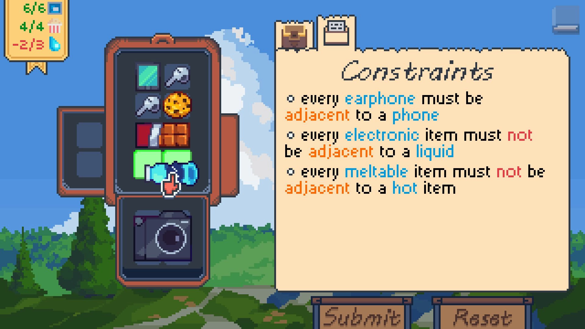 Outpacked: Packing items in an open suitcase beside a constraints list UI over a sky and hills backdrop.