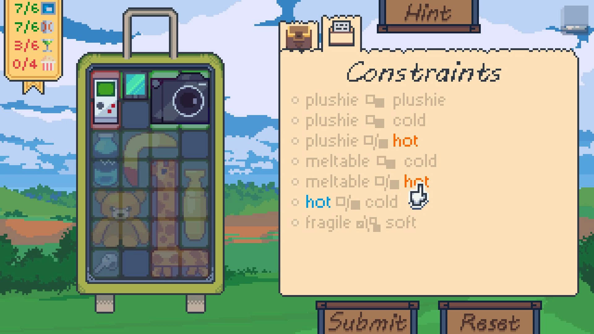 Outpacked: Packed suitcase grid with items and constraints list selecting hot rule over sky backdrop.