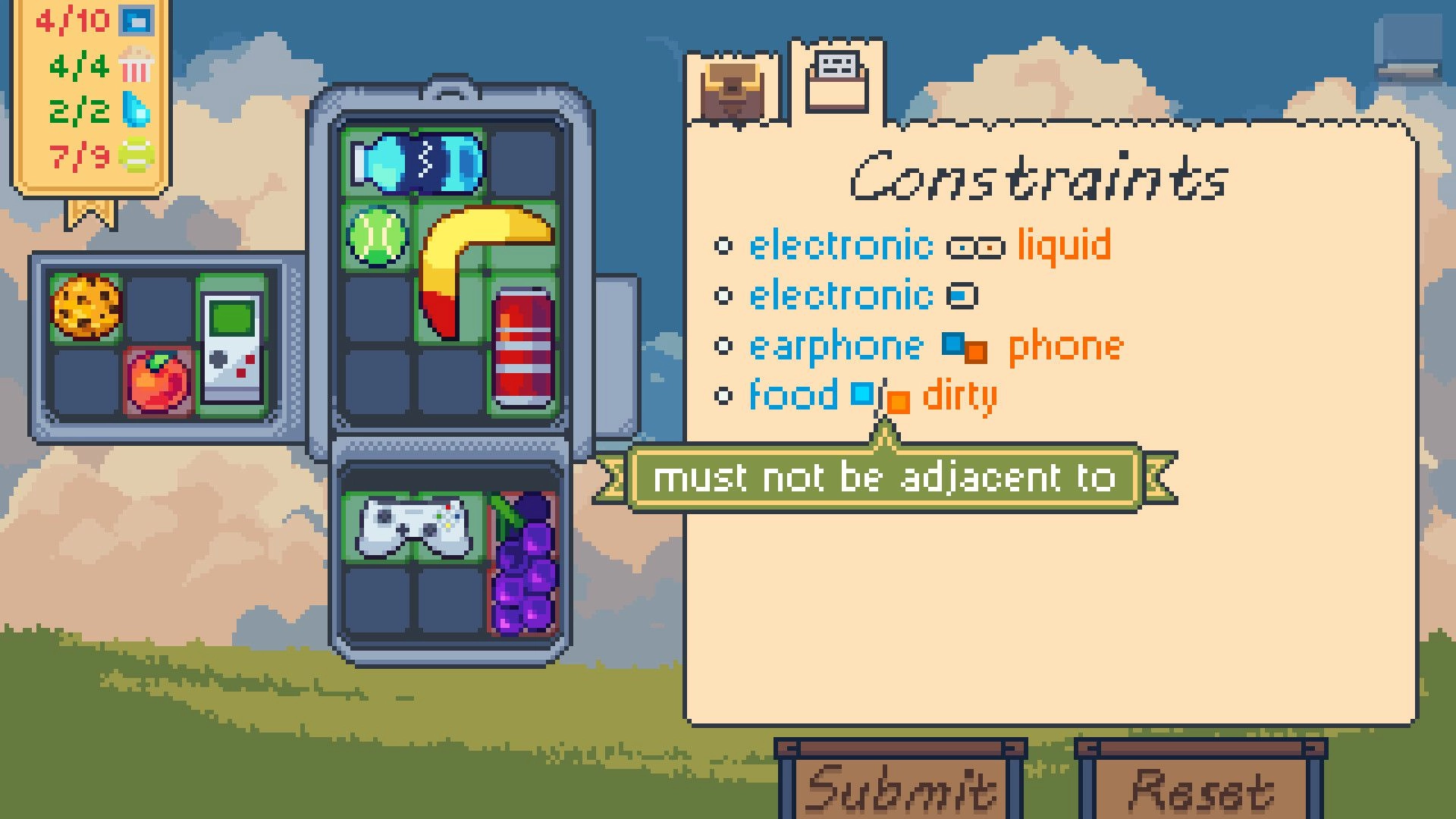 Outpacked: Packing items into two suitcases with constraint list panel over cloudy sky backdrop.