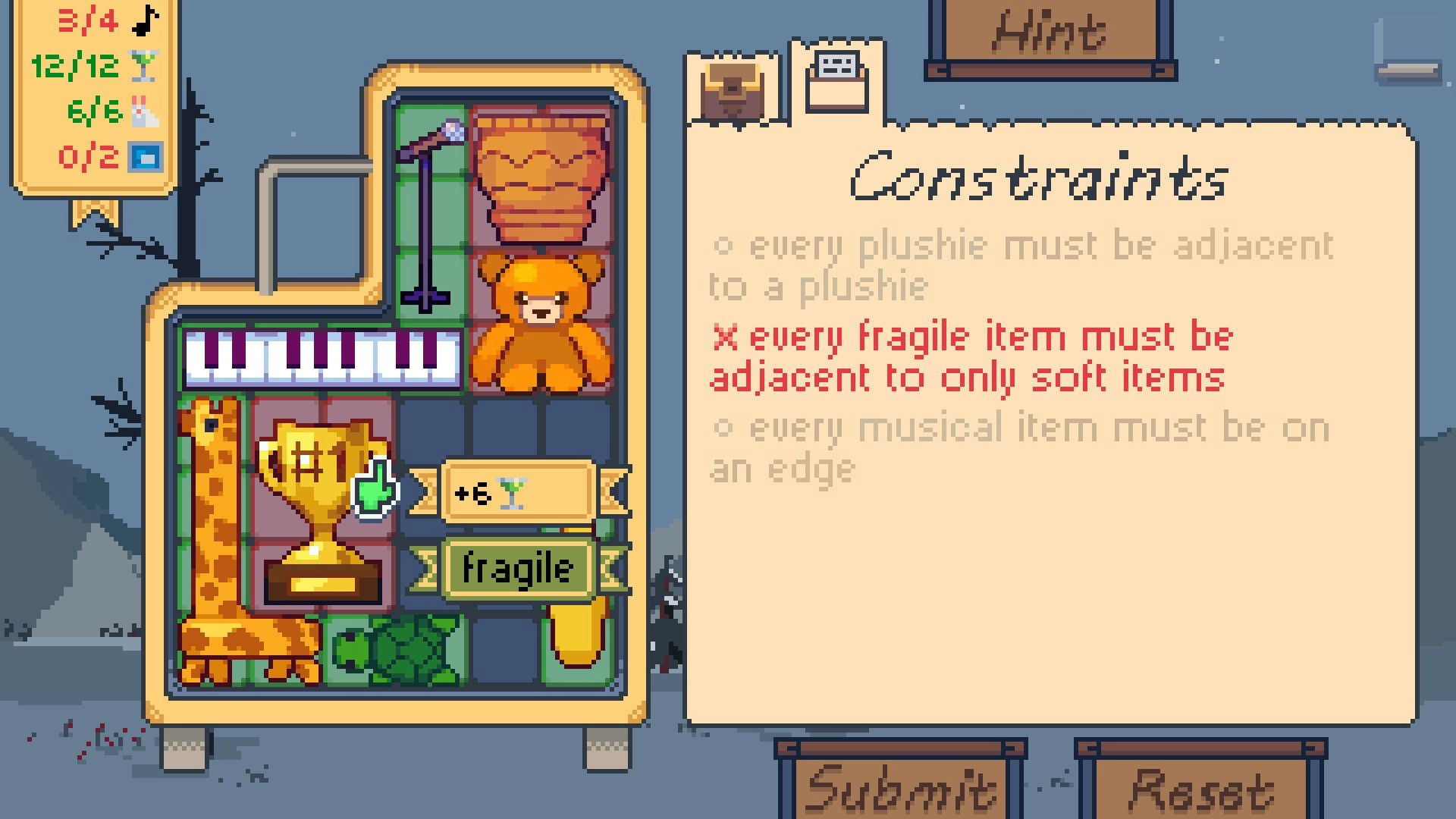 Outpacked: Packing plushie, trophy, giraffe and keyboard in suitcase beside constraints panel UI.