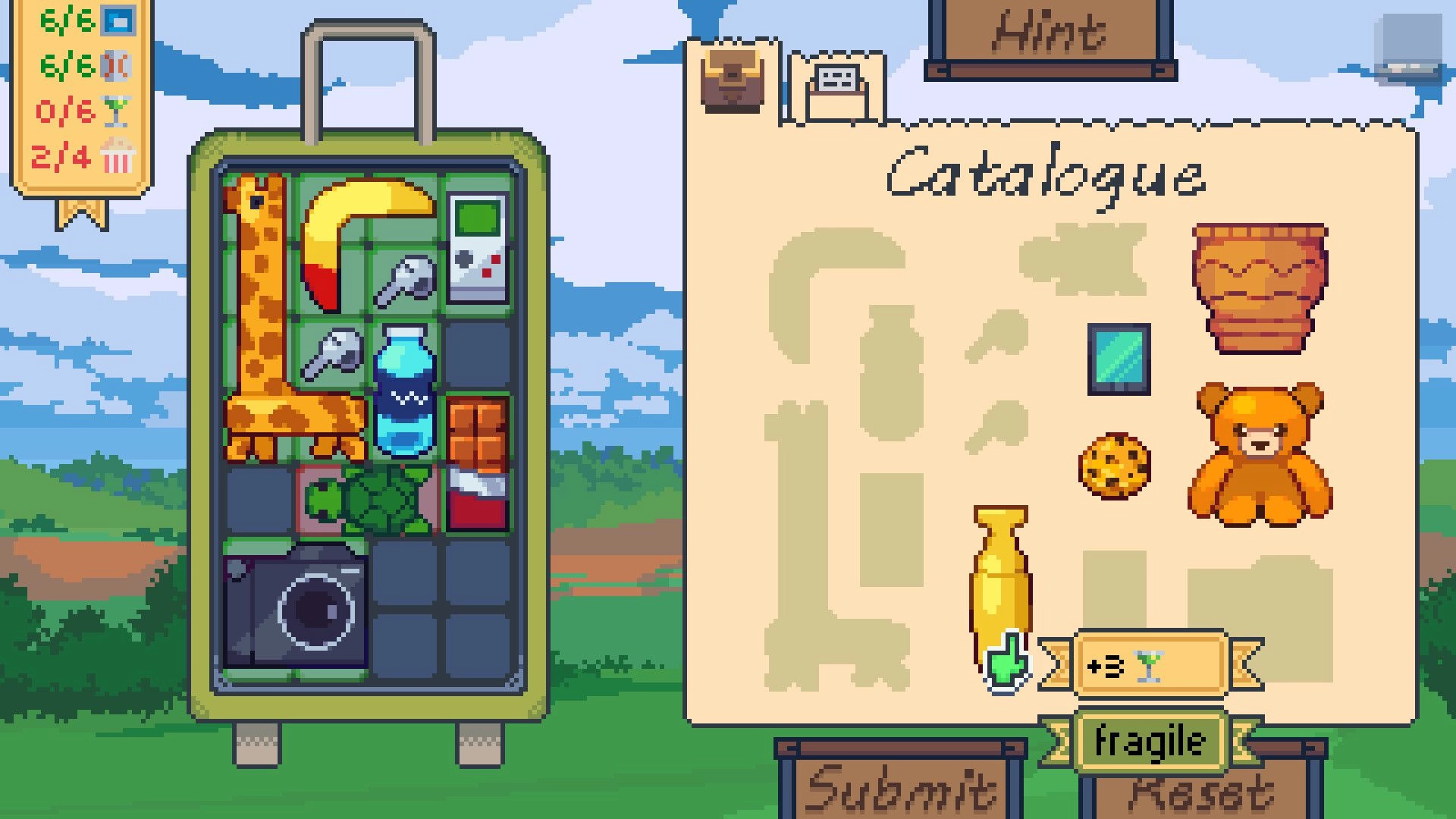 Outpacked: Suitcase packing puzzle with giraffe, banana, camera and items beside catalogue menu UI sky backdrop.